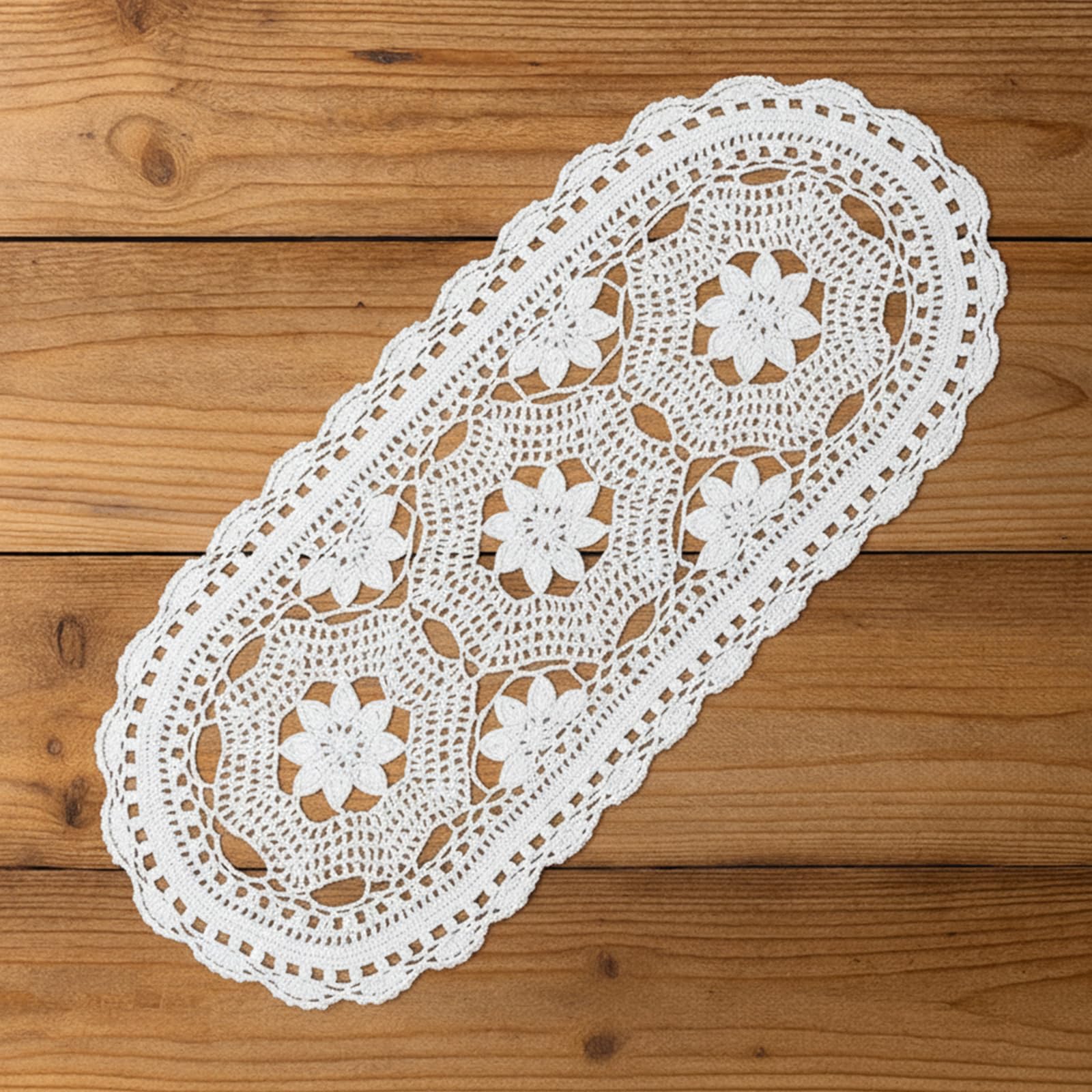 Photo 1 of 1 Pcs Oval Lace Table Runner Doilies for Furniture Cotton Crochet Lace Table Cloth Cover Dresser Scarves for Bedrooms Floral Tables Scarf Handmade Vintage Placemats (White, 12X24 Inch)