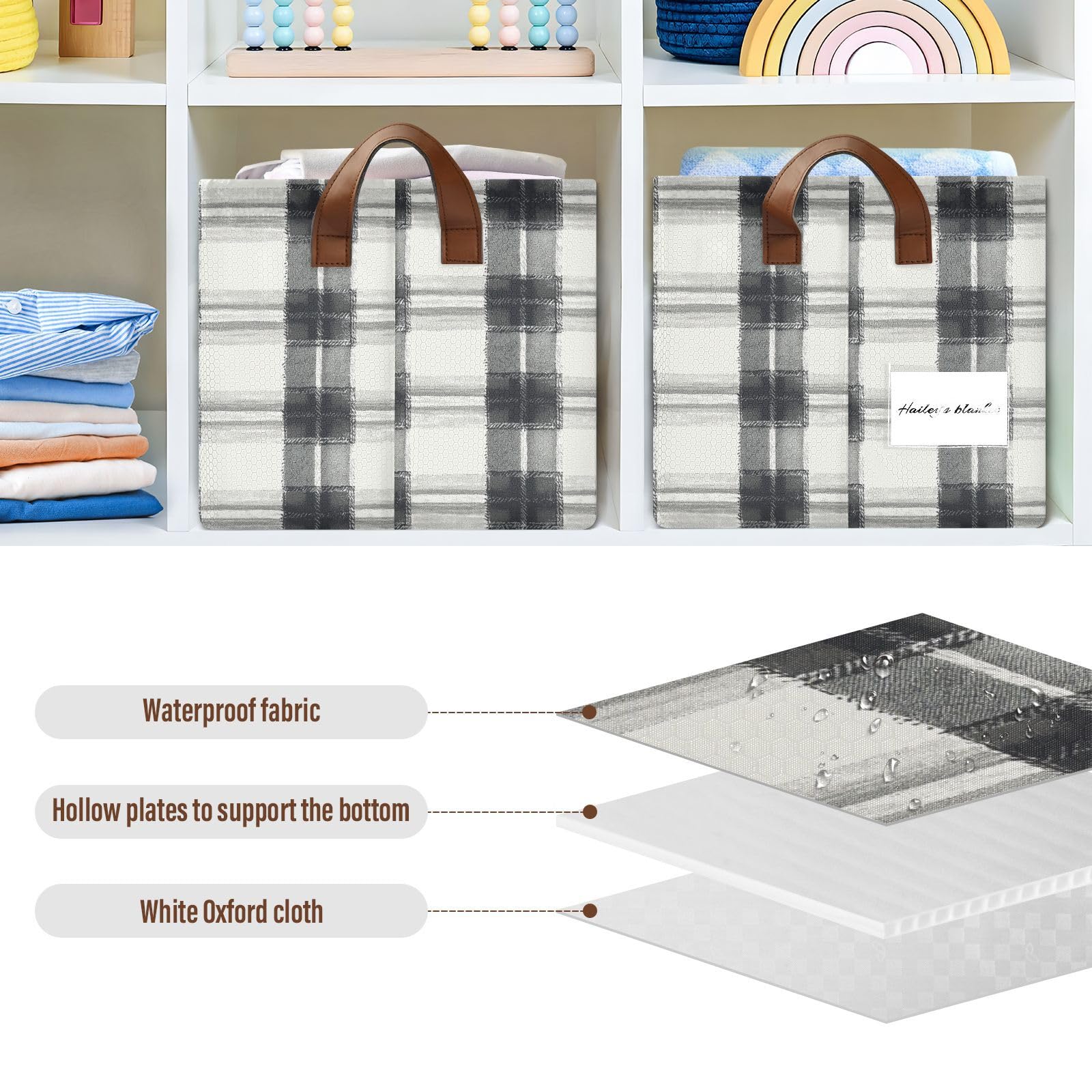 KLL Cestino in tartan nero e bianco per riporre oggetti con manici, pieghevole, in tessuto, cubi organizer per vestiti e 2 confezioni cajas para organizar ropa