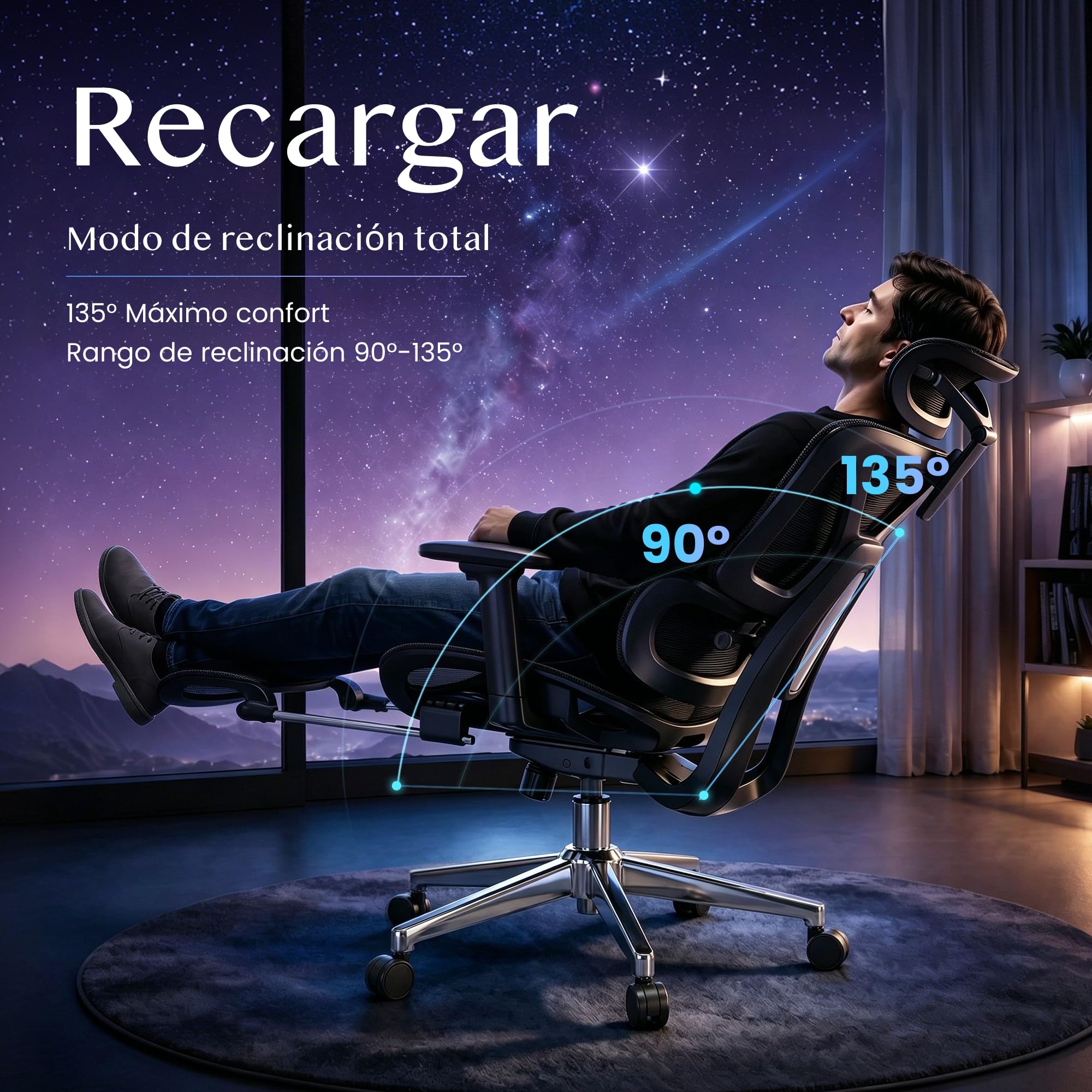 FLEXISPOT ErgoX Silla Escritorio con Reposapiés, Soporte Lumbar, Respaldo 5D, Reposabrazos 3D, Silla Gaming, Cojín Transpirable, Inclinación 135°, Silla Ergonomica Escritorio, Negro