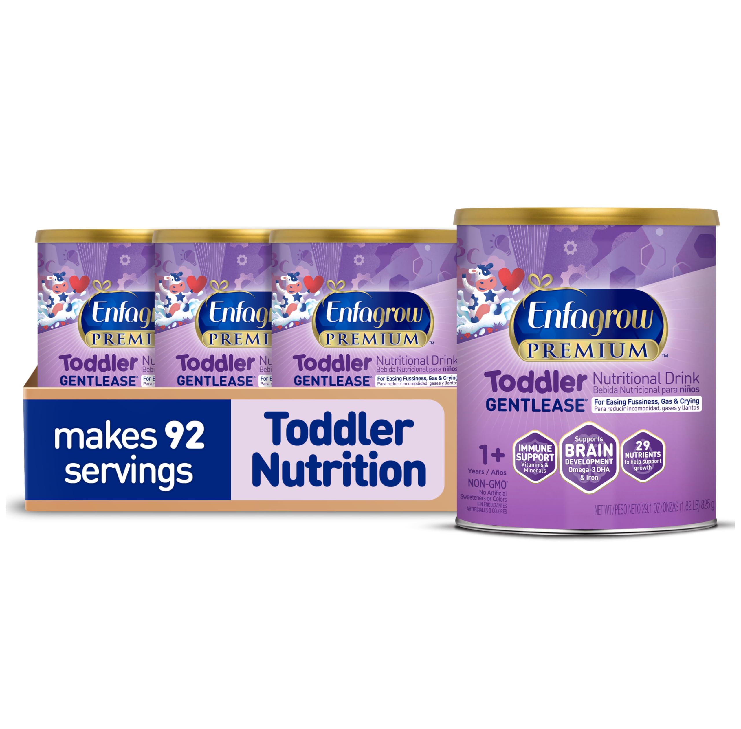 Enfagrow PREMIUM Gentlease Toddler Nutritional Drink, Made with Real Milk, Designed to Ease Fussiness, Gas & Crying, Nutrients for Growth & Immune Support, Powder Can, 29.1 Oz (Pack of 4)