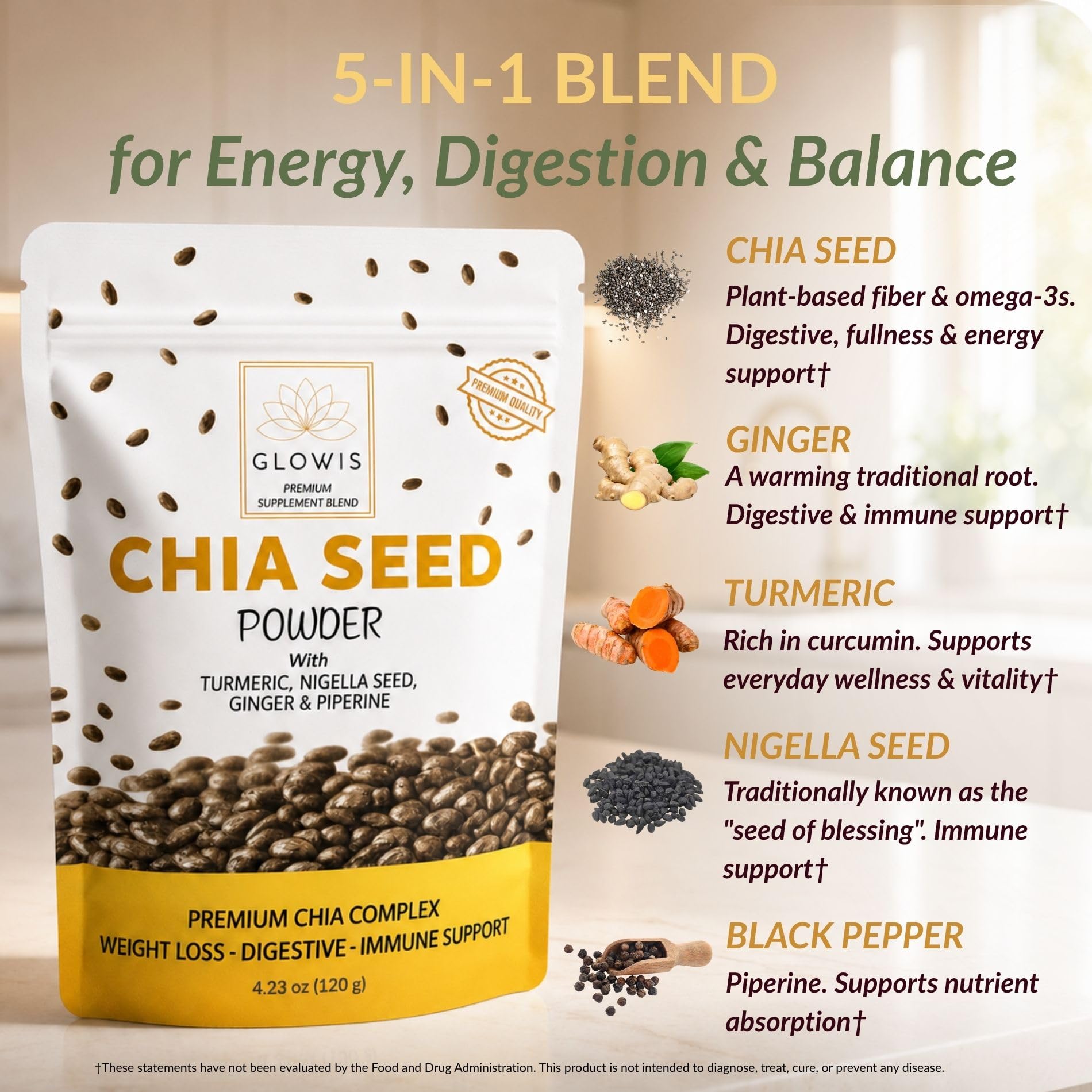 Organic Chia Seed Powder — 5-in-1 Superfood Blend with Turmeric, Ginger & Black Pepper | Fiber-Rich for Appetite Control & Fullness | Plant Protein, Vegan, Non-GMO | 4.23 oz (20 Servings) — Amazon image 4