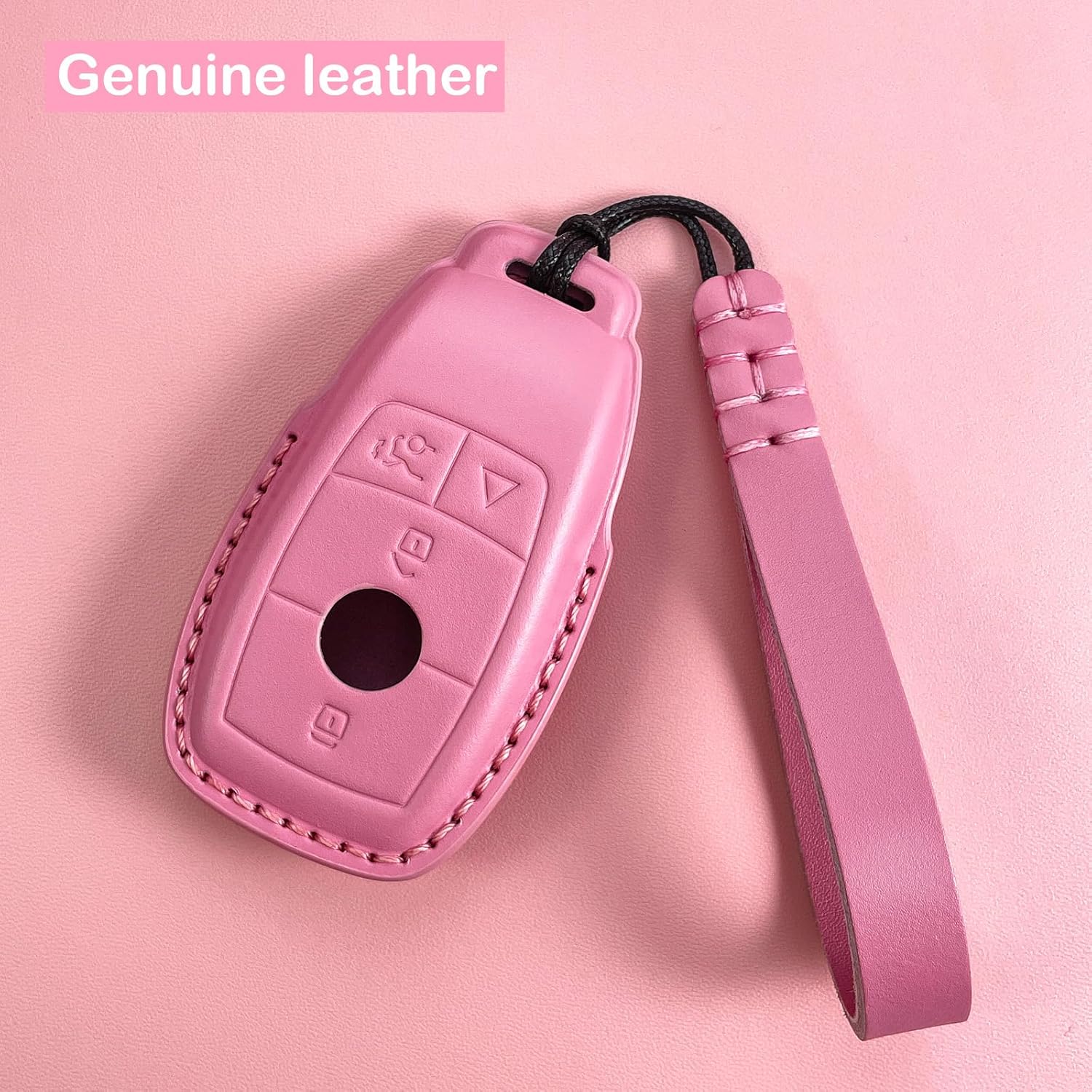 for Mercedes Benz key fob cover Genuine Leather with Keychain,Leather Key Case Protector,fit A C E S G-Class 4 buttons smart remote key(Pink)