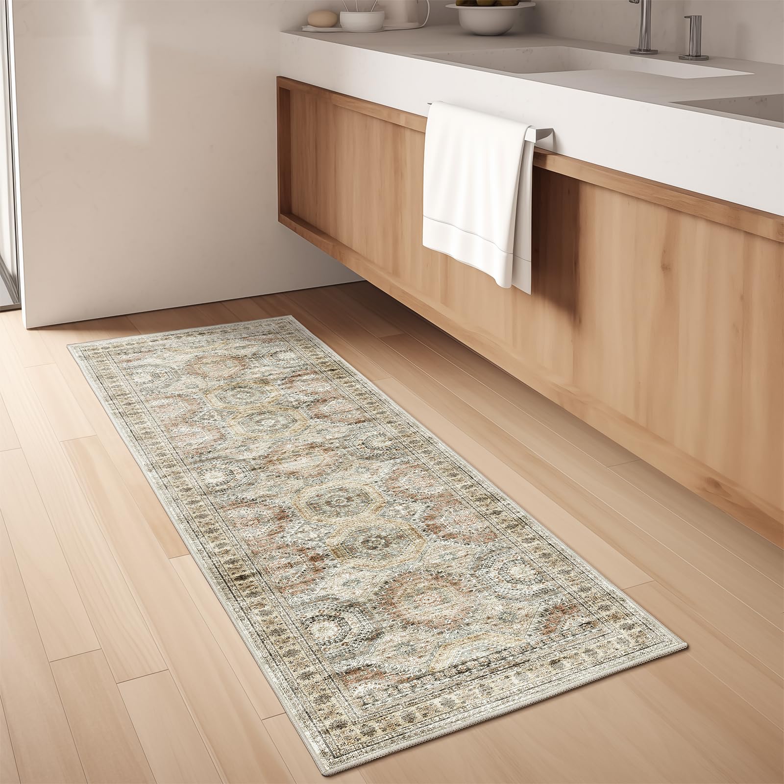 Restydon Washable Runner Rugs for Bedroom - 2x6 Runner Rug Non Slip, Ultra-Thin Entryway Runner, Soft Abstract Kitchen Runner for Hallway, Laundry, Bathroom, Indoor Door Mat(2'x6', Brown/Pink)