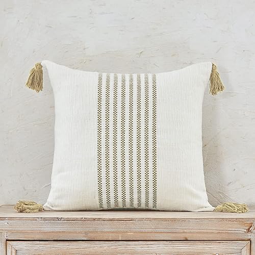 Miniatura 4 de IKATYARN Juego de 2 fundas de almohada de felpilla suave con borlas, 18 x 18 pulgadas, color beige y blanco roto bordados, funda de cojín moderna