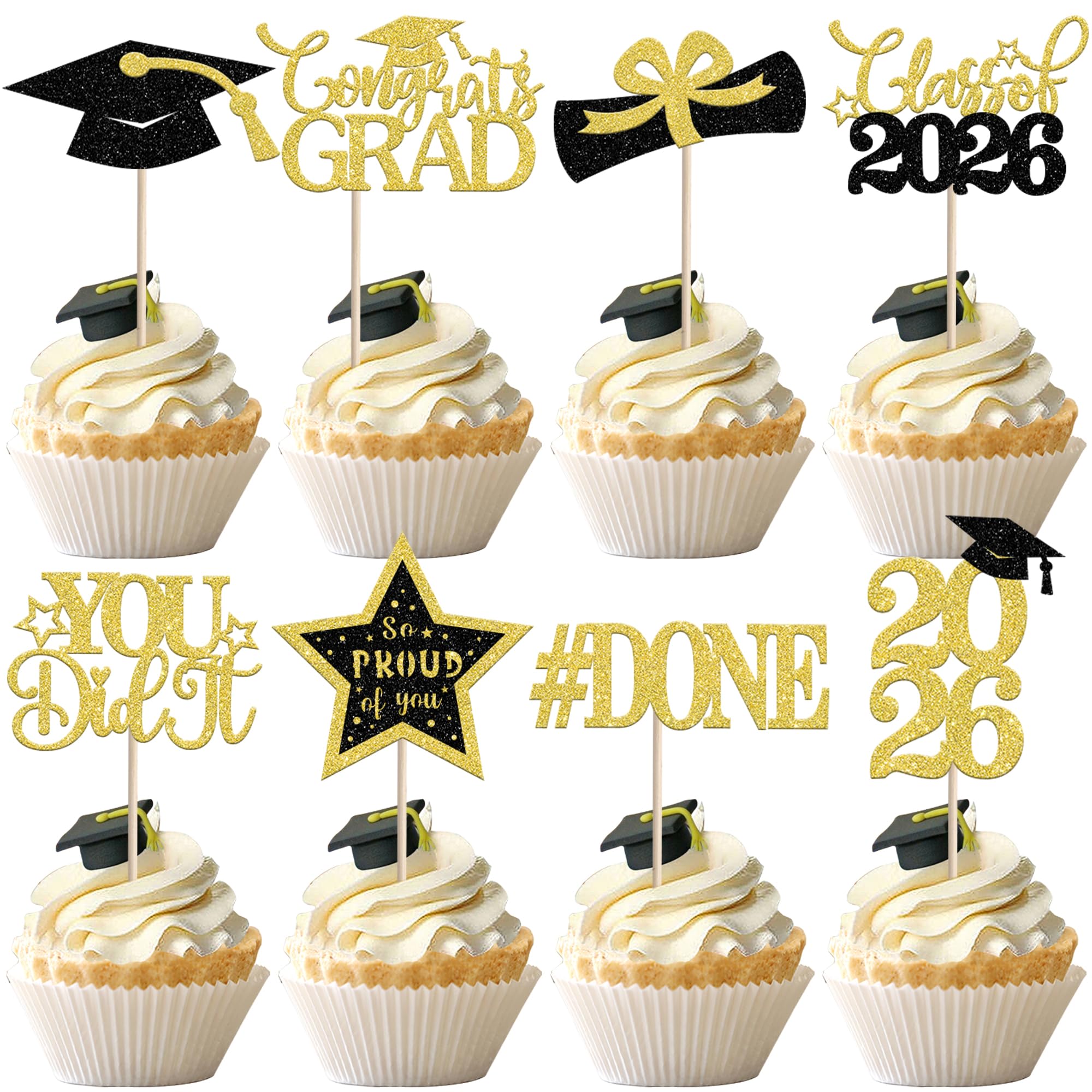 Xsstarmi 24 Pack 2026 Graduation Cupcake Toppers Gold Glitter Star You Did It Diploma Done Cupcake Picks for Congrats Grad 2026 Graduation Party Cake Decorations Supplies