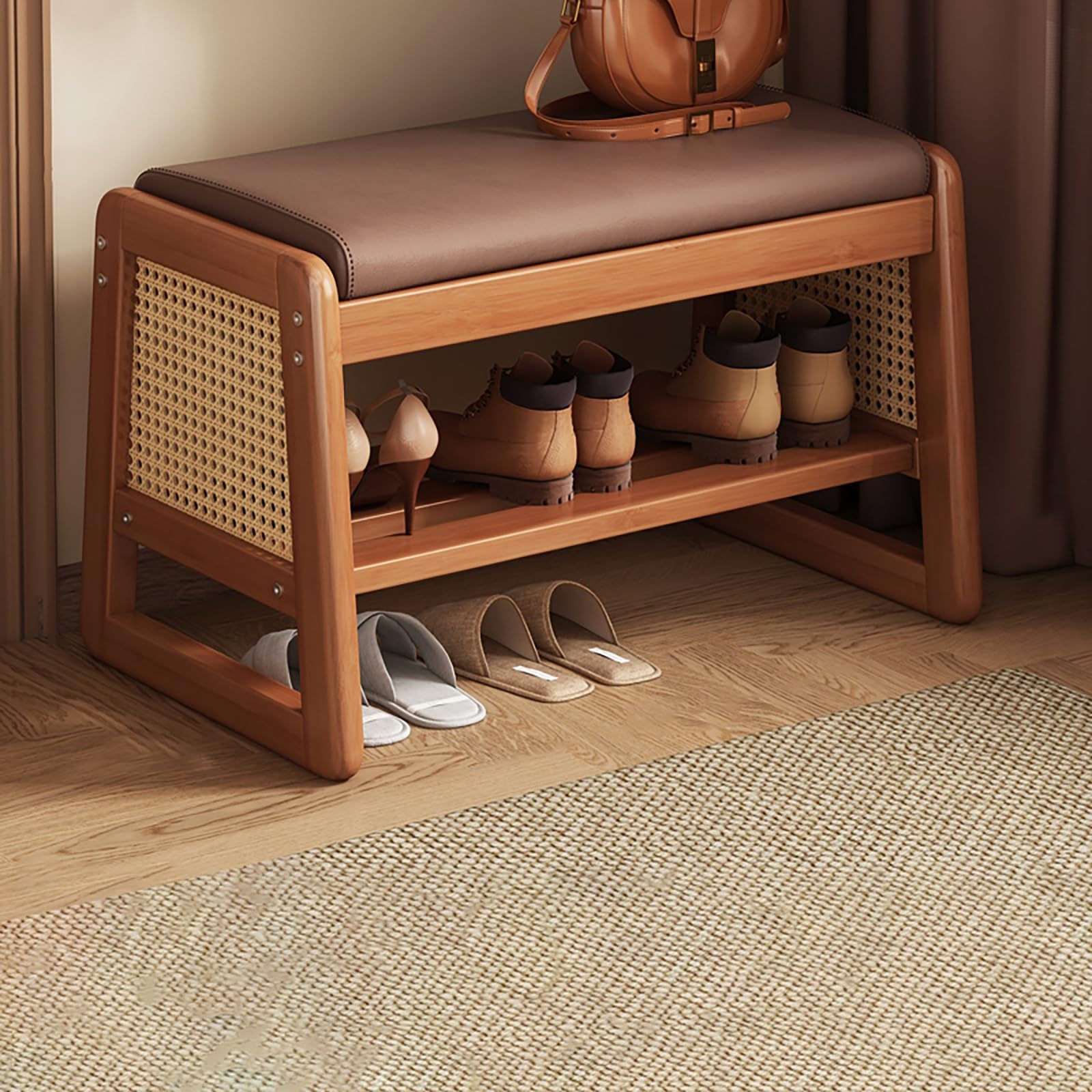 WJFTODAY Modern Wood Shoe Rack Bench with Cushioned Seat Stylish Entryway Storage Stool for Hallway & Mudroom Easy Assembly Space Saving Shoe