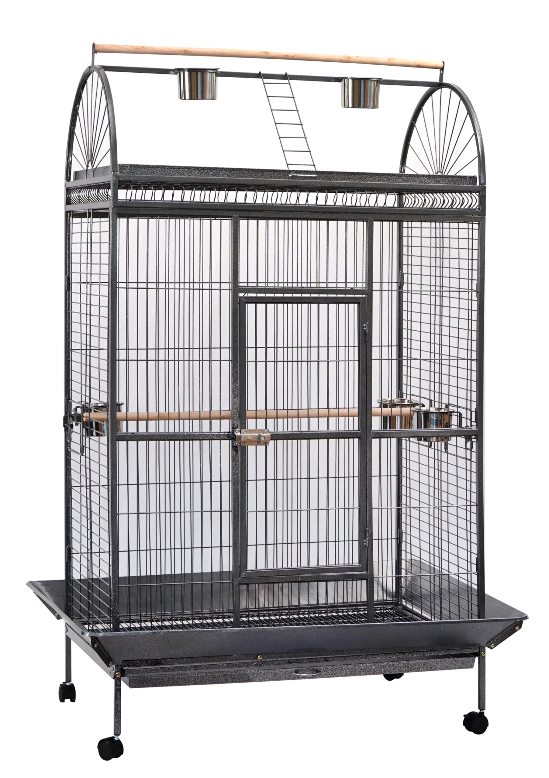 Pet's Solution - Gabbia Voliera per Pappagalli in Metallo Nero Martellato con Trespolo, Mangiatoie e Scaletta Esterna, Vassoi Estraibili e Ruote - 102x61x178h cm