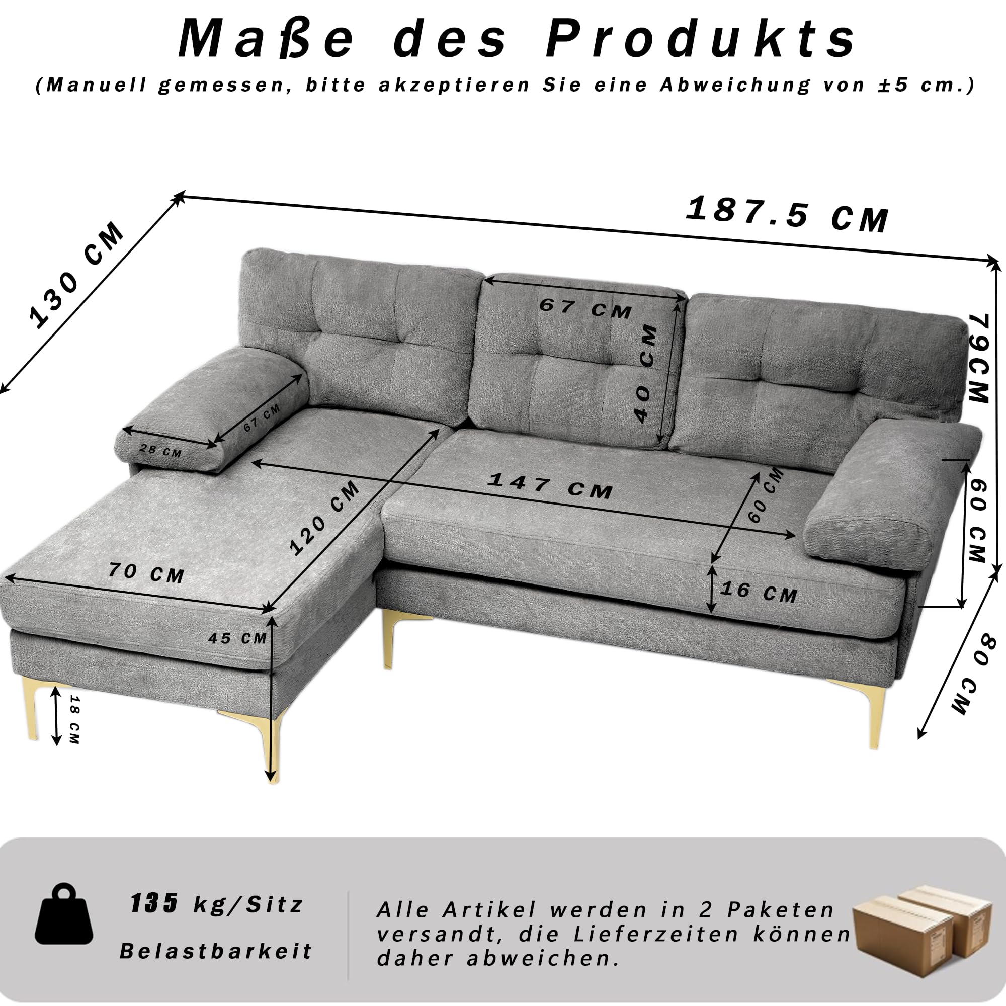 Generisch Szenilowa sofa 3-osobowa, w kształcie litery L, szara, wymienna strona do leżenia