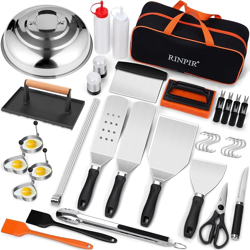 RINPIR 42pcs Griddle Accessories Kit for Blackstone, Flat Top Grill Spatula Set with Enlarged Spatulas, Melting Dome and Burger Press, Professional Hibachi Tools Gifts for Outdoor BBQ Teppanyaki | Flat Top Grill Spatula Set with Burger Press, Professional Hibachi Tools Gifts for Outdoor BBQ Teppanyaki