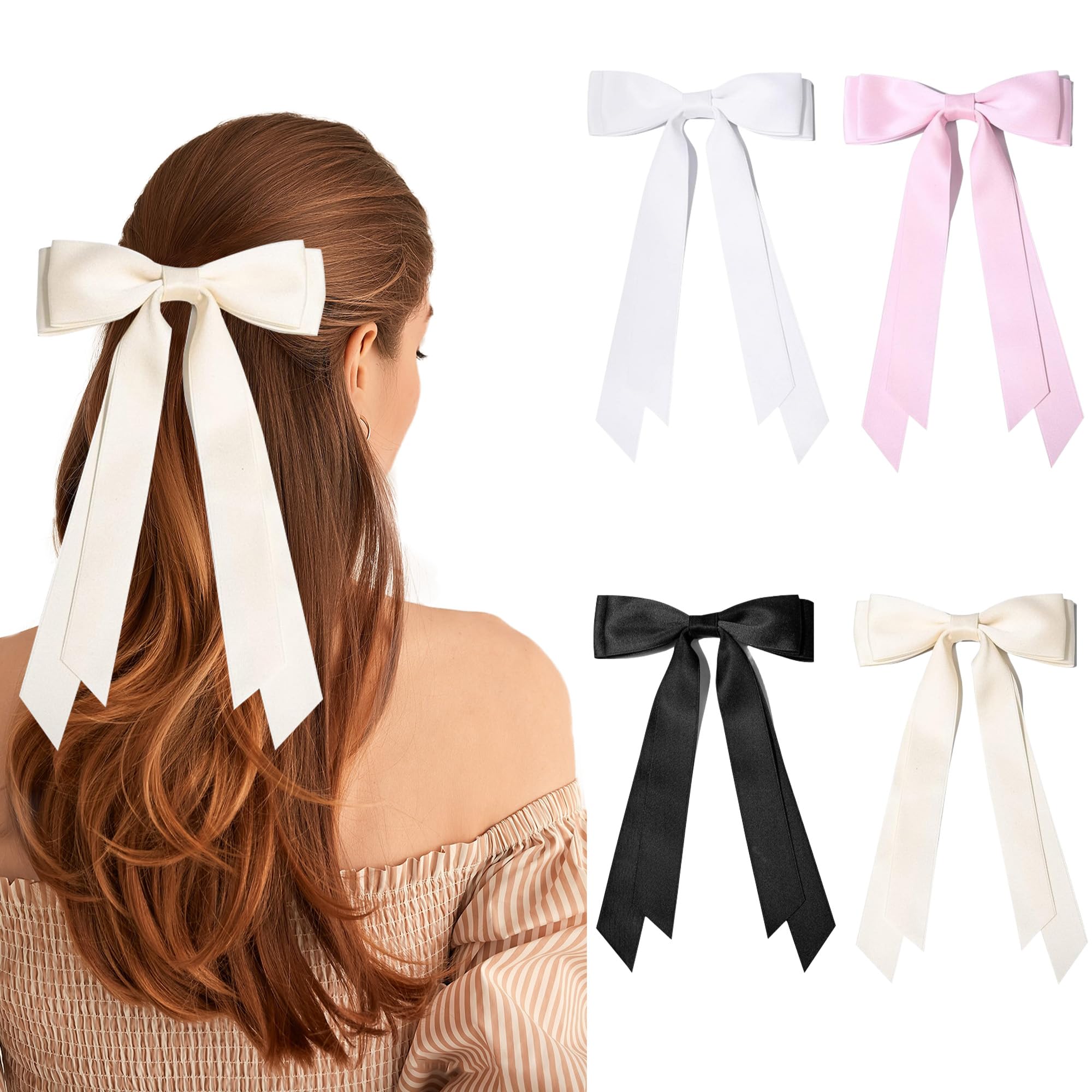 4PCS Elegant Hair Bows for Women & Girls - Black Hair Ribbons with Satin Finish, Adjustable Clips (Beige/White/Pink/Black)