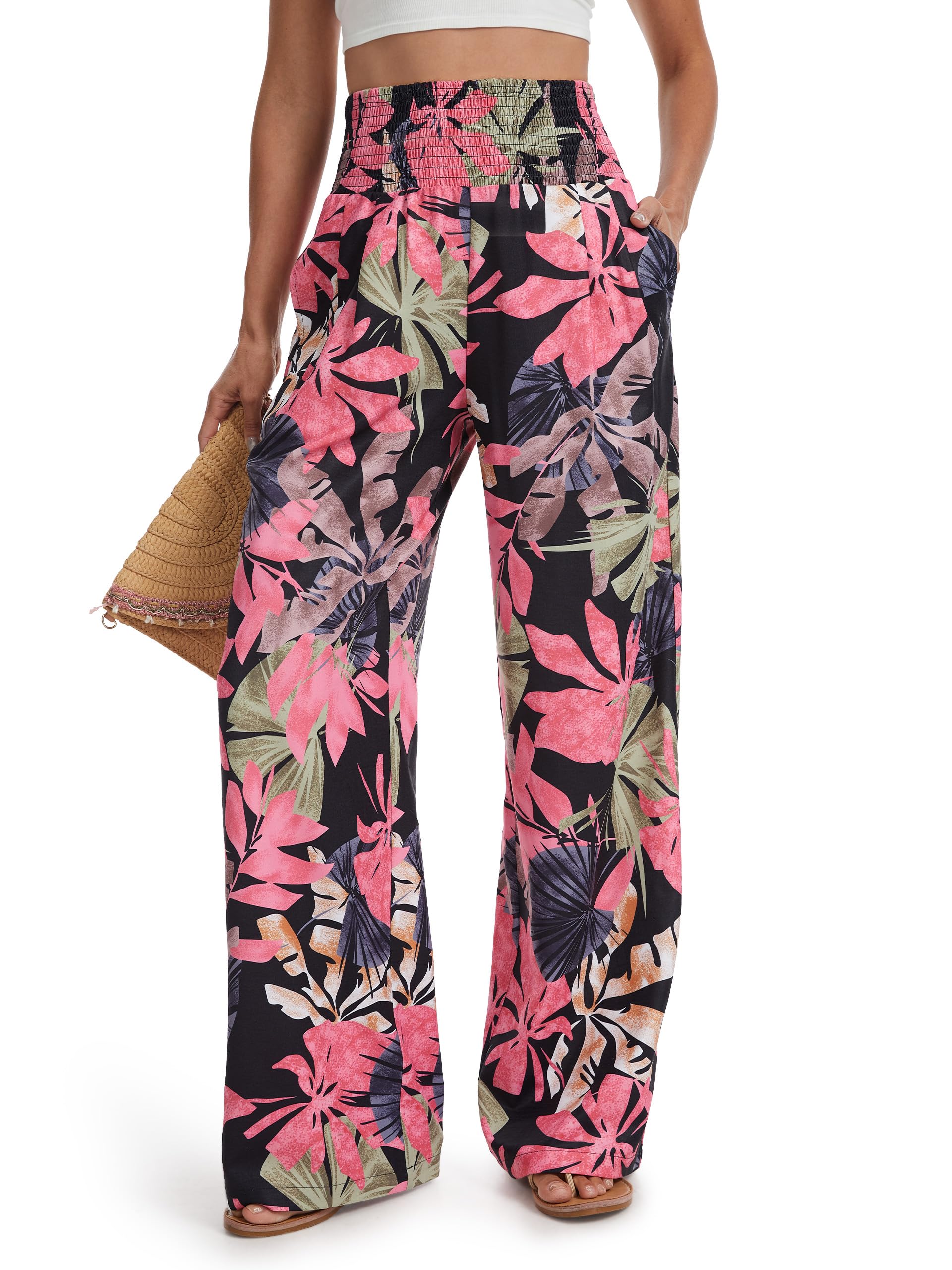 Tall Women's 32"/34"/36" Inseam Palazzo Pants High Waisted Casual Wide Leg Summer Beach Lounge Trousers — Blackcoral by Amazon