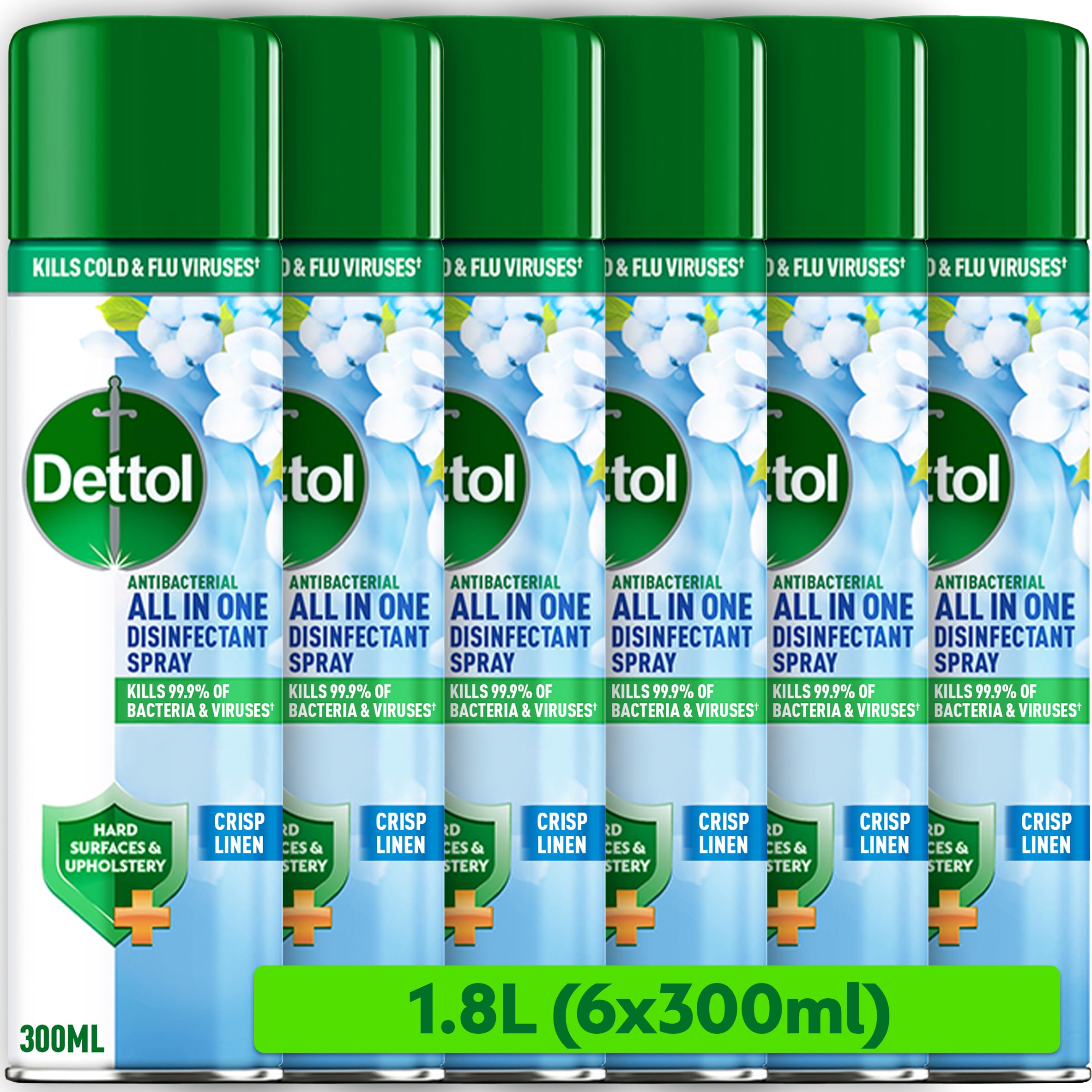 DettolAntibacterial All In One Disinfectant Spray, Crisp Linen, 1.8L (300ml x 6pck) Household Sanitiser, Hard Surfaces, Upholstery, No Wiping Required, Kills 99.9 Percent of Germs