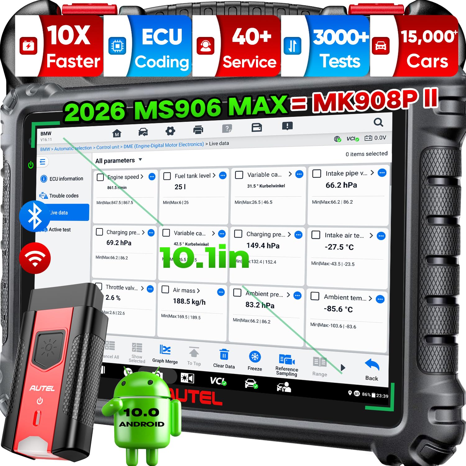 Autel MaxiSYS MS906 MAX Scanner 2026, MS906MAX 10.1" V2.0 of MS906 PRO MP900BT MS908S MK908 MS906PRO-TS, Top Bidirectional Scan Tool, 3000+ Tests, 40+ Service, All System, CAN FD & DoIP, OS 10.0, FCA