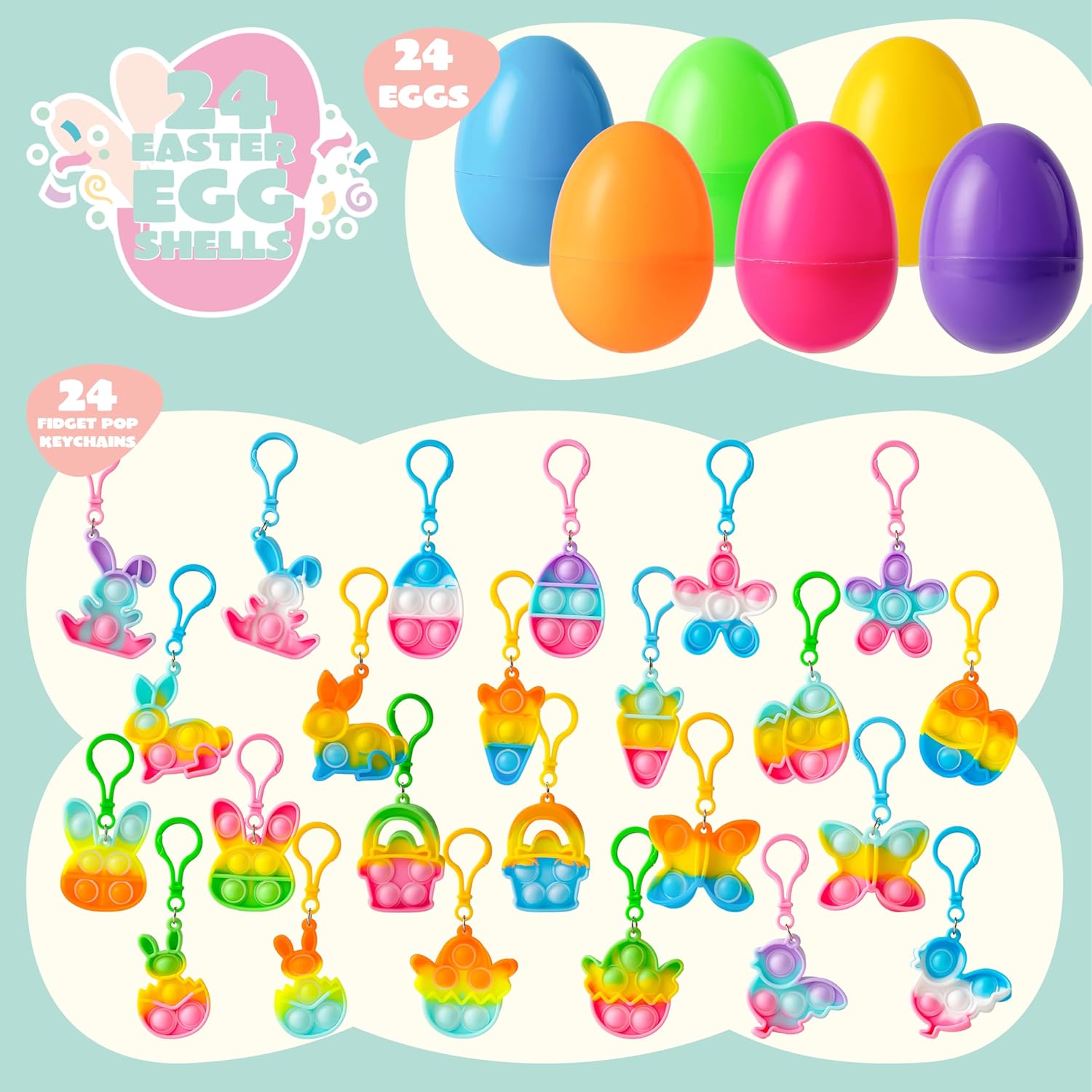 JOYIN 24 Pcs Prefilled Easter Egg with Mini Pop Fidget Bubble Keychain for Kids, Fidget Sensory Stress Relief Toy for Basket Stuffers, Easter Egg Hunt, Party Favors