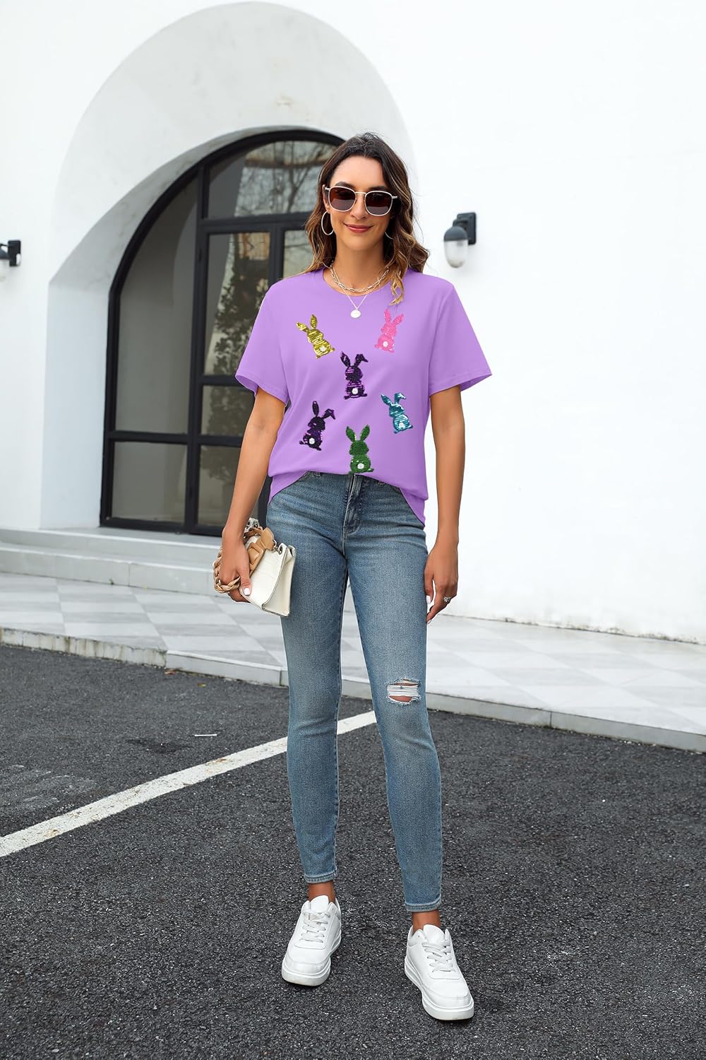 Happy Easter Shirts Women Sequin Bunny Shirt Cute Rabbit Graphic T Shirt Funny Easter Gift Short Sleeve Tee Tops - Image 5