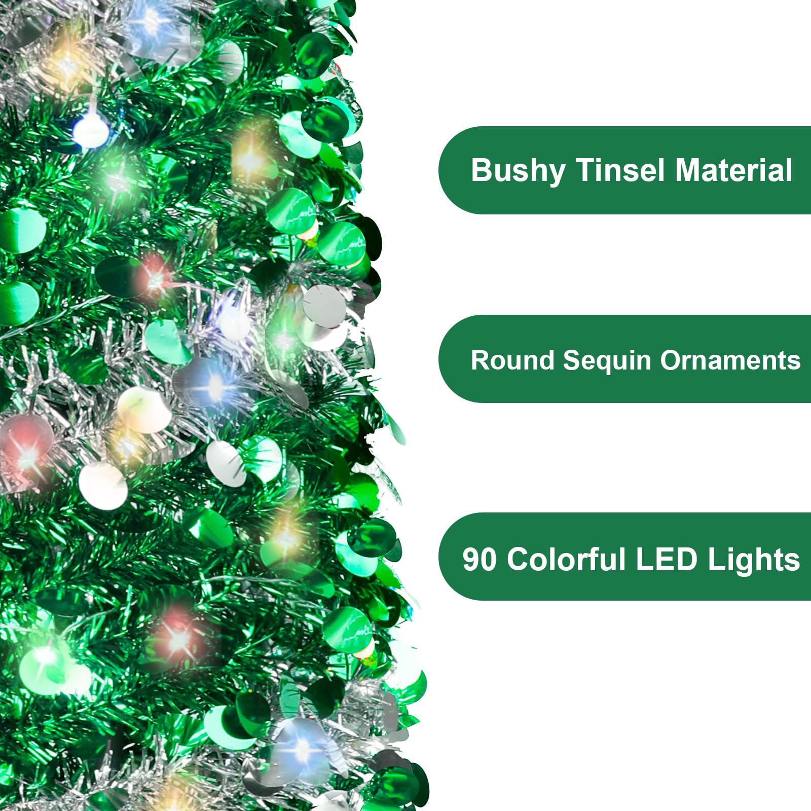 QBA Sapin de Noël pop-up de 1,5 m avec 90 lumières, sapin de Noël pliable à guirlandes fines pour la maison, le bureau, le dortoir, l'appartement, la boutique, les fêtes, vert argenté