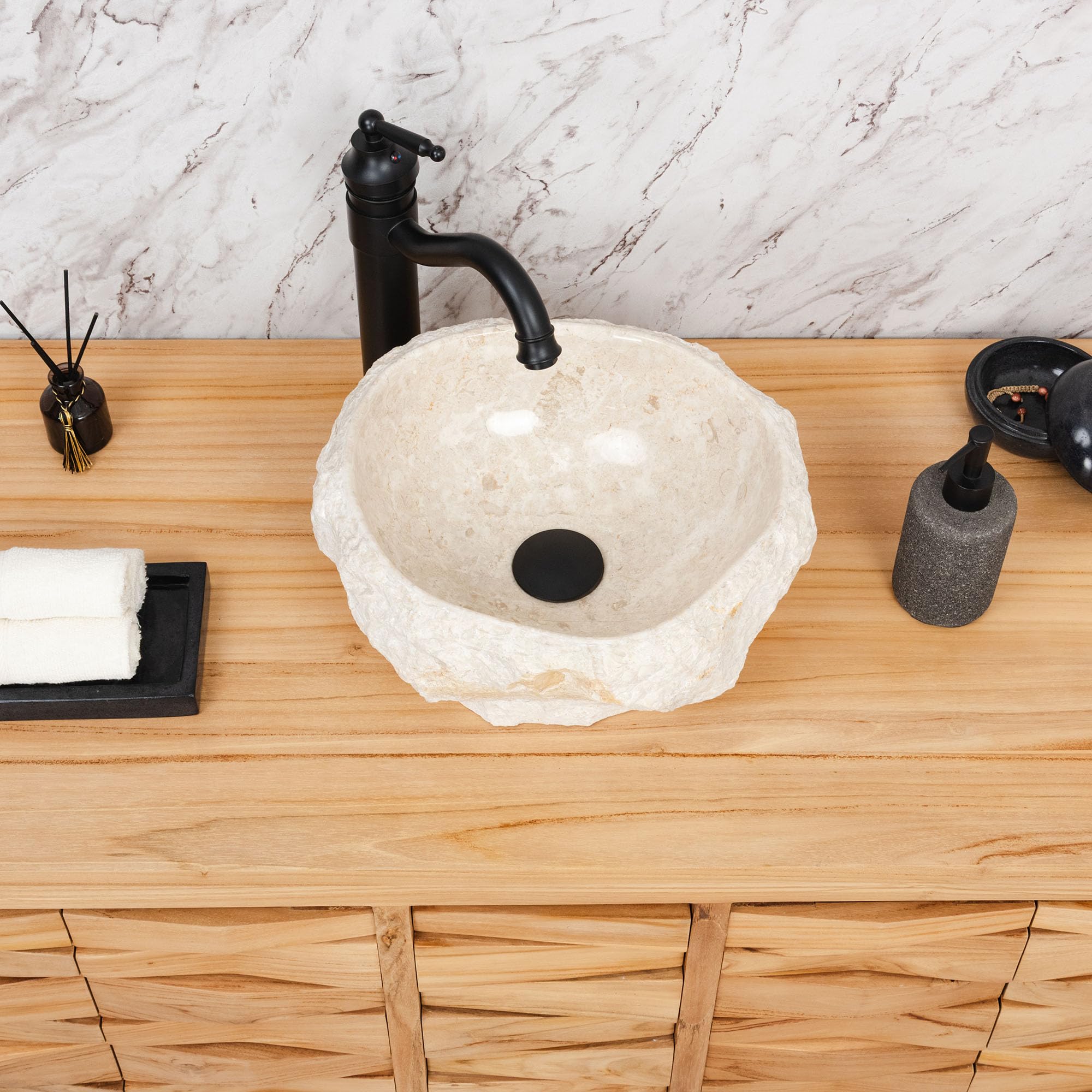 Lavabo de mármol Erosi piedra natural lavabo con borde natural, 30 cm, color crema