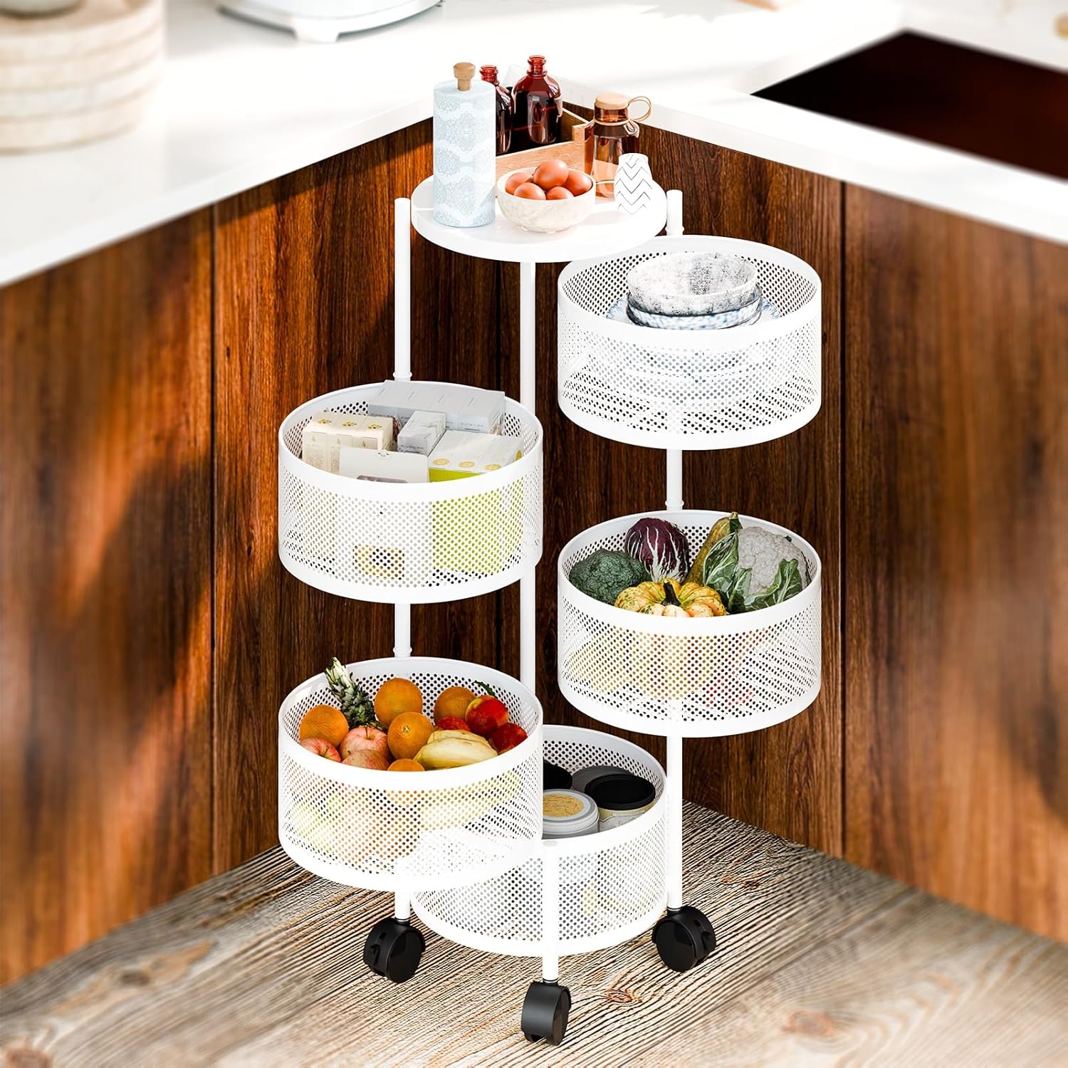 Honrane Rotating Storage Rack for Kitchen, 5 Tier Fruit and Vegetable Kitchen Storage Cart, Large Storage Rack with 360 Degree Wheels,Large Fruit Basket with Top Lid for Living Room, Office, White Wh
