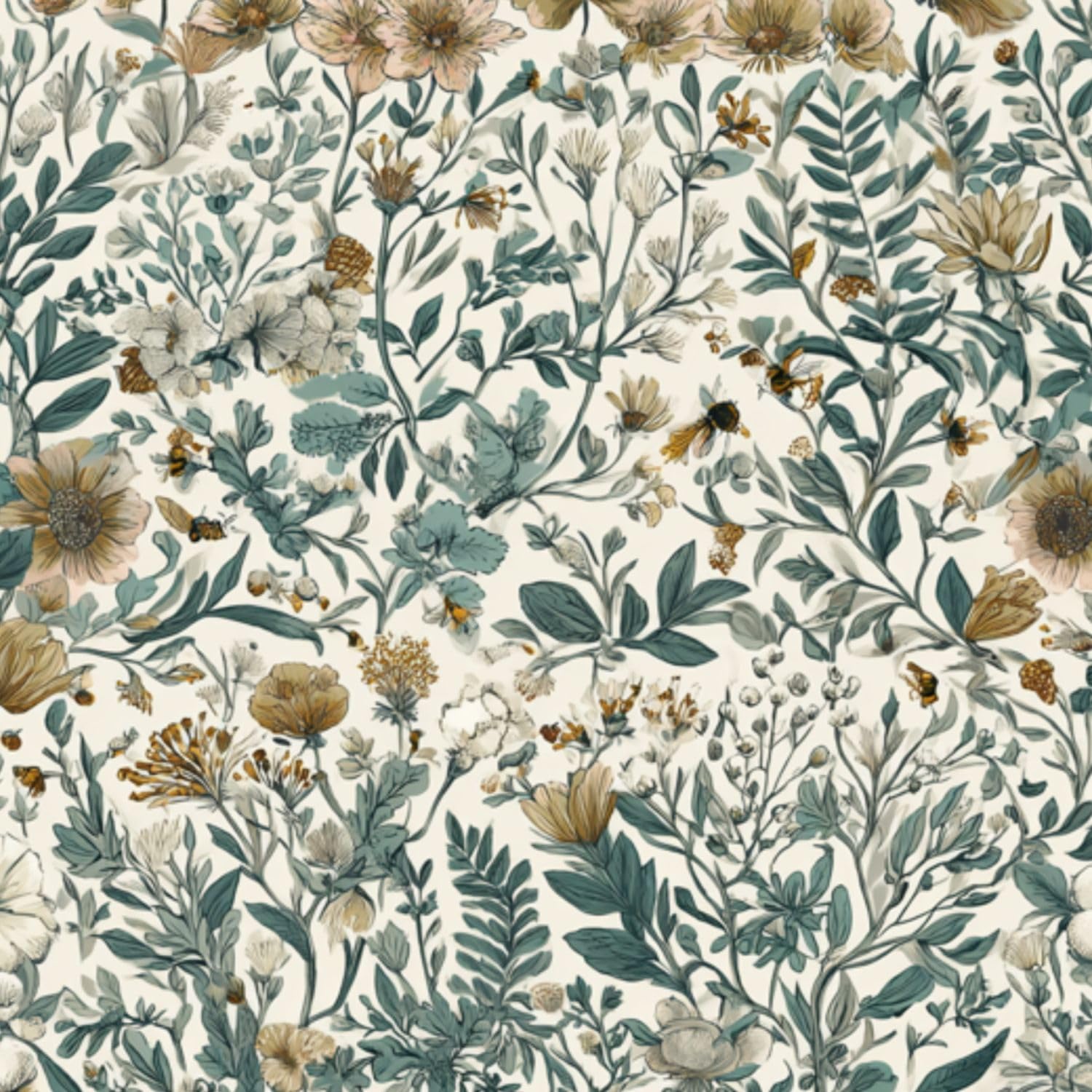 Deruinvaio Multi10 Self Adhesive Feature Removable Sage Teal Floral Vintage Vine Peel And Stick Vinyl Wallpaper Roll, Sticky Lining Paper For Bedroom, Living Room, Kitchen Walls