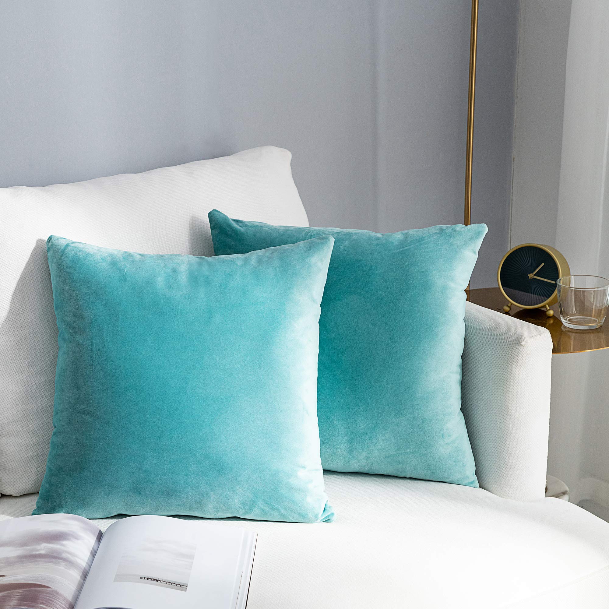 Stellhome Super Soft Velvet Throw Pillow Covers Square Pillowcase for Bed Couch Sofa Bench, 18 x 18 inch (45 cm), Dark Cyan, Pack of 2