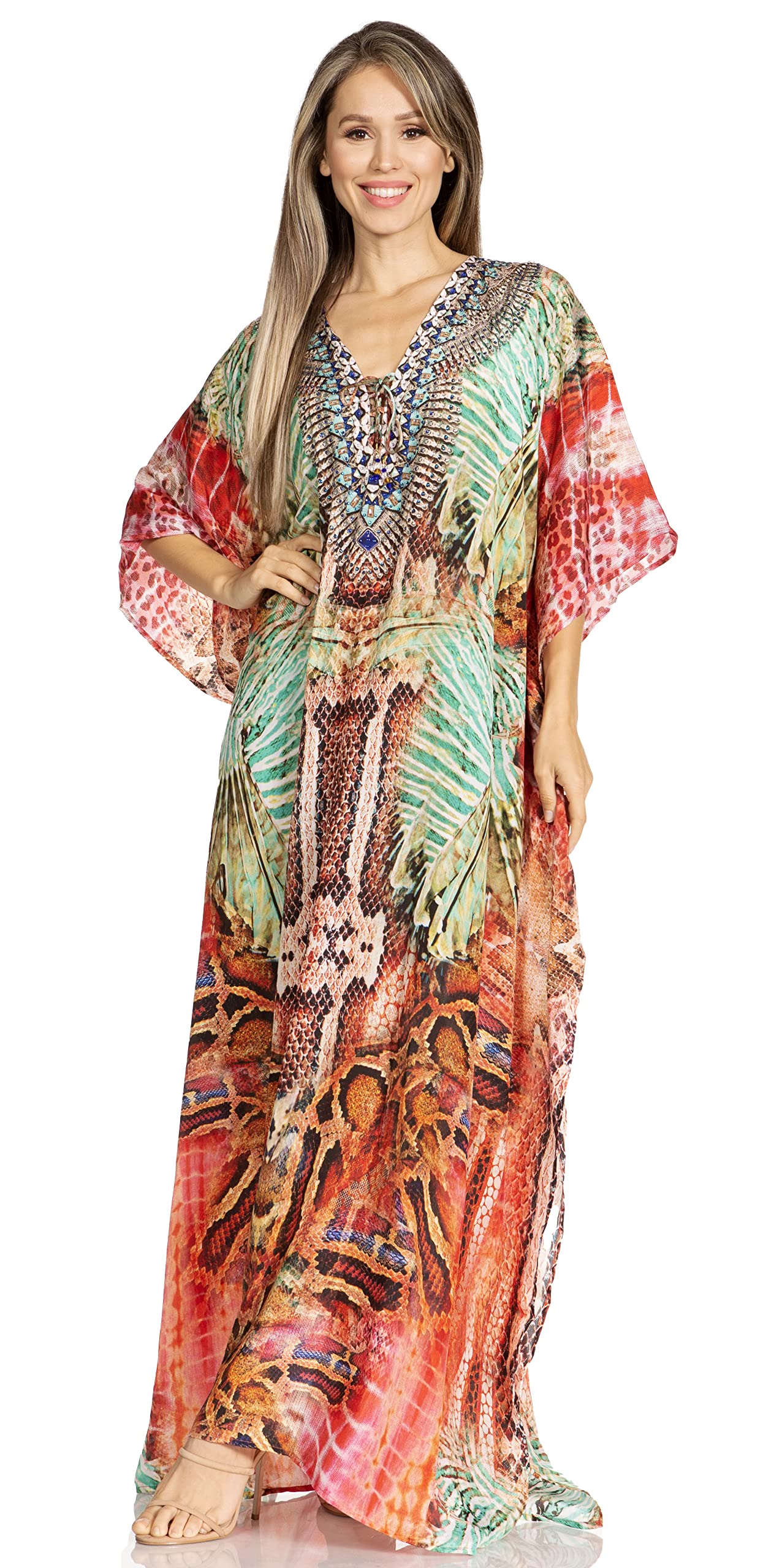 Sakkas Yeni Women's Short Sleeve V-Neck Summer Floral Long Caftan Dress Cover-up
