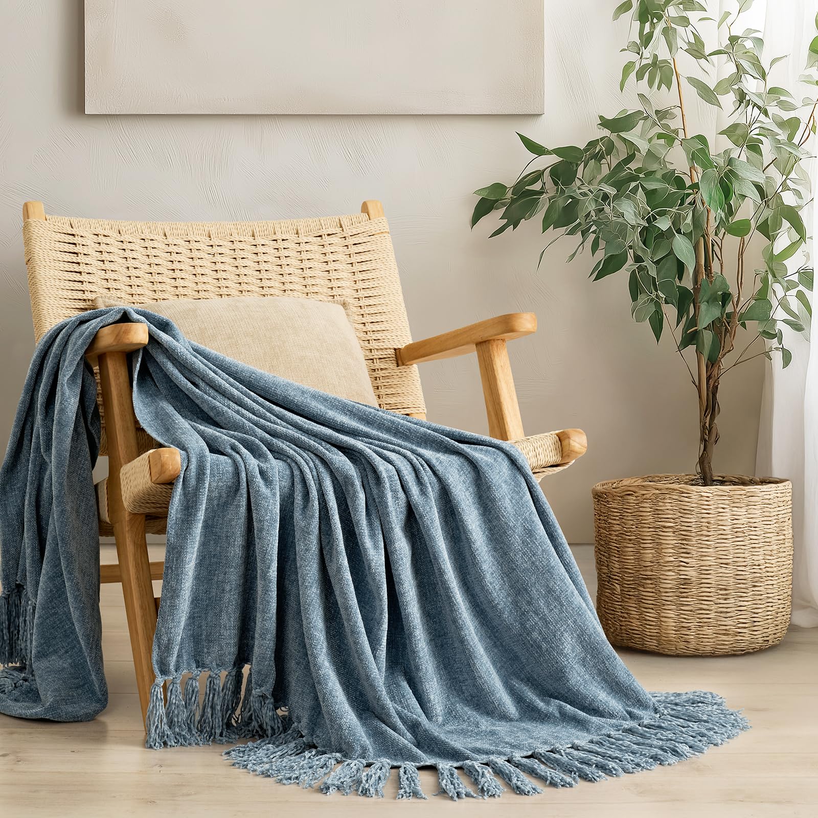 EverGrace Soft Chenille Throw Blanket for Couch, Cozy Plush Fuzzy Decorative Chenille Knit Throw Blanket with Tassels, Lightweight Blanket and Throws for Bed Sofa Gift Home Decor, Cloud Blue 50"x60"