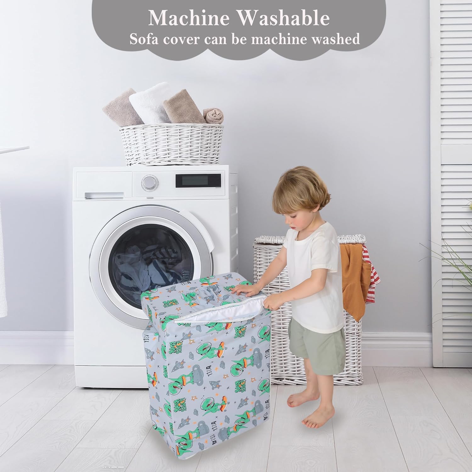 Kids Sofa for Toddler, 2-in-1 Toddler Couch Fold Out, Convertible Sofa to Lounger Bed for Girls and Boys, with Removable Cover & Double Pockets - Gray Dinosaur - Image 7