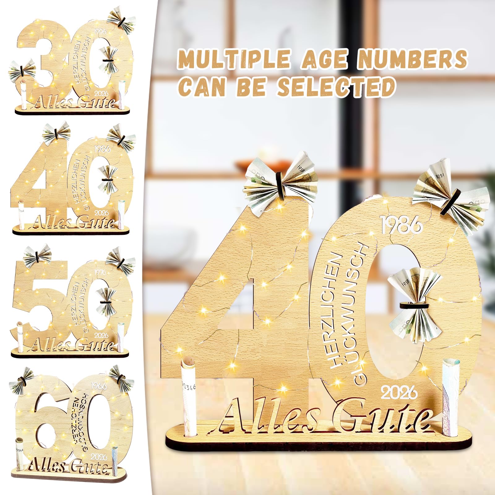 Regalo Originale Per 40° Compleanno – Targa In Legno Con LED E Spazio Per Soldi, Personalizzabile