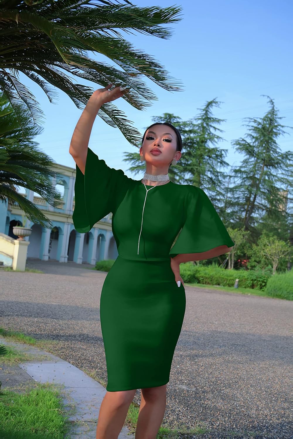 Memoriesea Women's Basic Bodycon Ruffle Flared Short Sleeve Pencil Midi Dress - Image 3