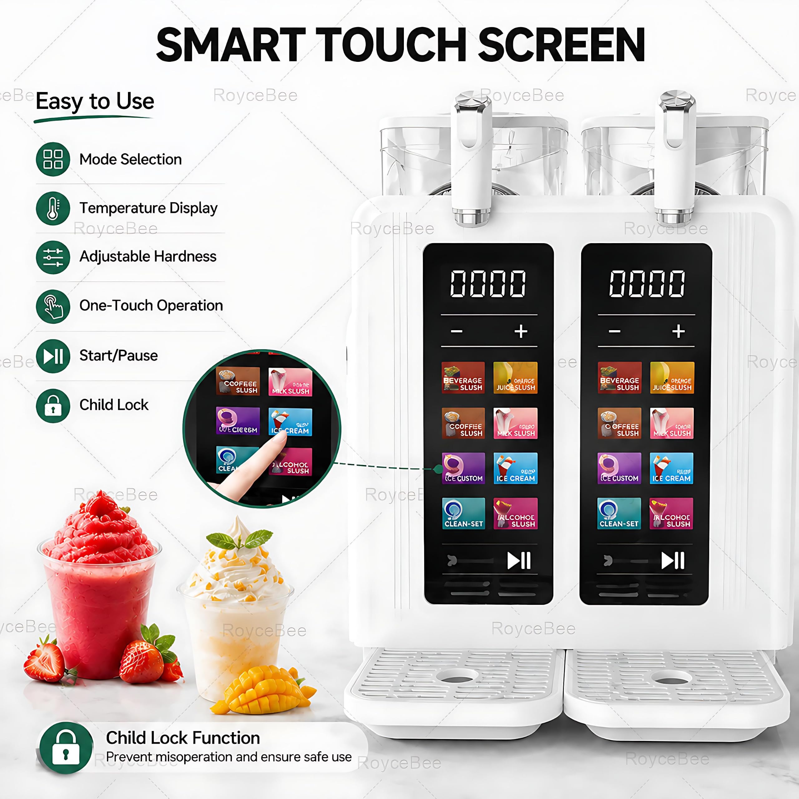 Máquina para Granizados Profesional, Máquina de Granizado con 2 Depósitos de 2L, 7 Programas Preestablecidos, Autolimpieza Automática, para Casa, Cafeterías, Bares y Restaurantes White