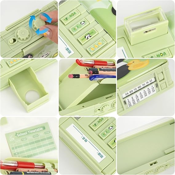 Pop up Pencil Case Cartoon Multi Pen Box with Password Lock Sharpener Schedule Whiteboard Christmas Birthday Stationery Gifts for Teen, Green Panda