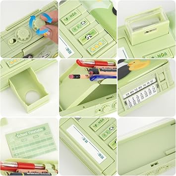 Pop up Pencil Case Cartoon Multi Pen Box with Password Lock Sharpener Schedule Whiteboard Christmas Birthday Stationery Gifts for Teen, Green Panda