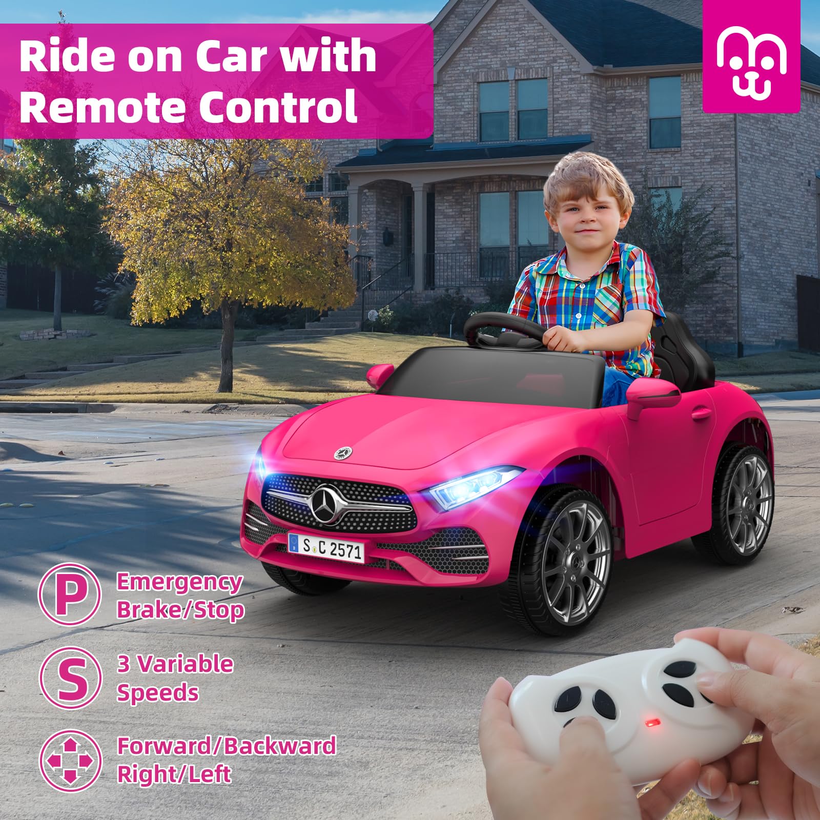 MINIATURE MOTORS 12V Kids Electric Car Remote Control Ride On Car Bluetooth USB Music Player 3.1MPH Max Speed Battery Powered Roadster Gift for Boys and Girls-Rosy