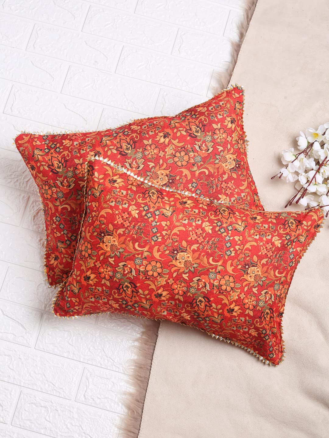 Saka Designs Set of 2 Ethnic Print Orange Cushion Cover