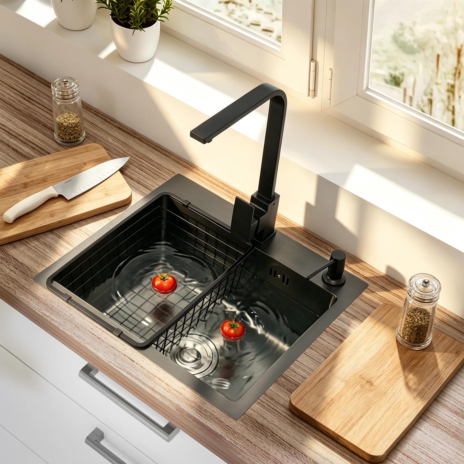 Negro 40 x 45 cm, fregadero de cocina de acero inoxidable 201, rectangular, moderno fregadero de acero inoxidable, fregadero de cocina con grifo de agua caliente y fría, dispensador de jabón