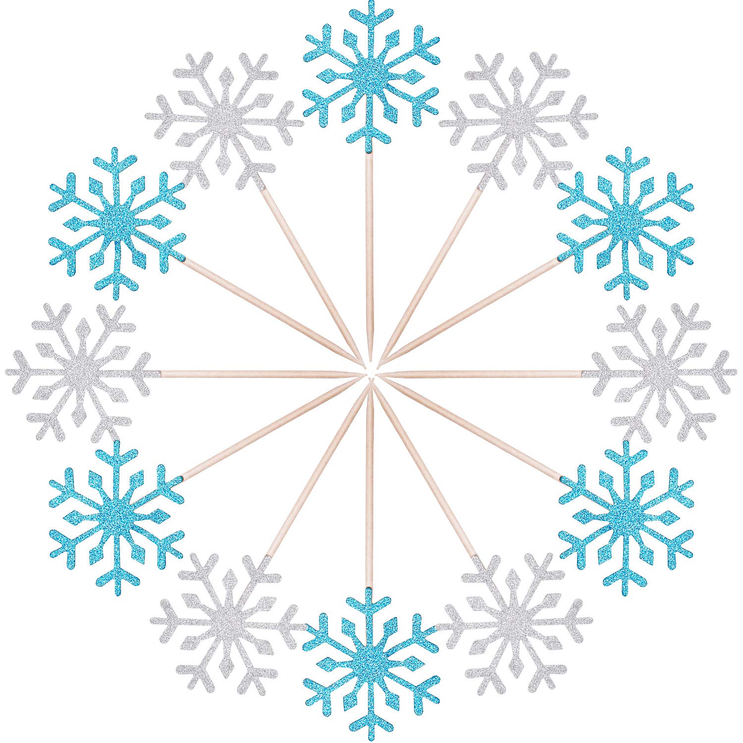 TOODOO Christmas Cake Decoration 60 Pack Snowflake Cupcake Toppers Glitter Snowflake Cake Topper Picks for Christmas Birthday Party Baby Shower Wedding Cake Decoration (Blue and Silver)