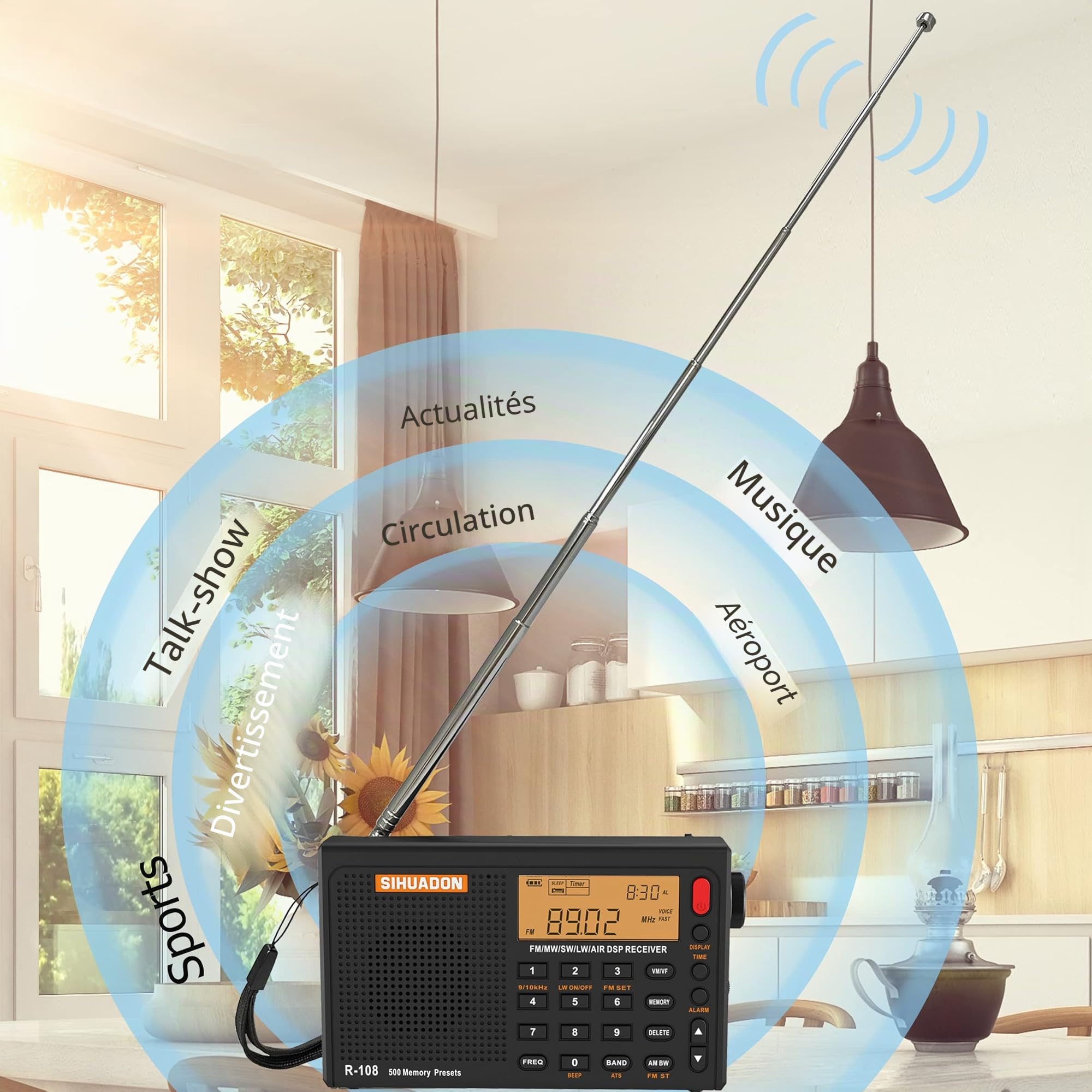 Radio Portable SIHUADON R108 FM AM MW SW Multibande Poste Radio à Ondes avec Affichage du Temps de Parole Fort RéTro-éClairage NuméRique Alarme Noir