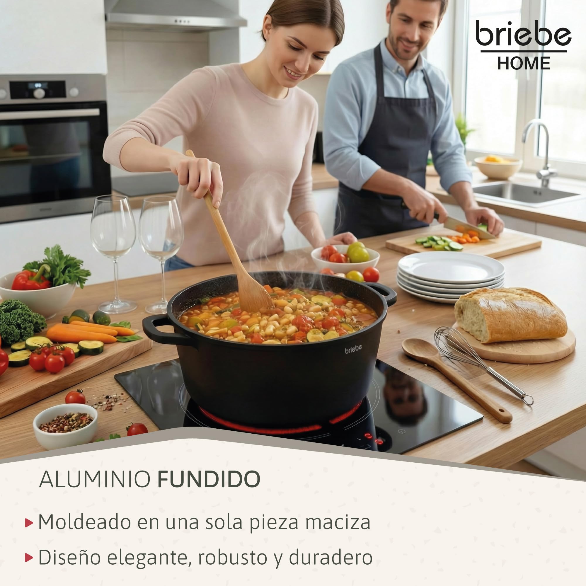 briebe Black Titanium Cacerola Cocina Inducción Antiadherente Titanio, Cazuela 28cm, Aluminio Fundido, Recubrimiento sin PFOA, Tapa Cristal, Asas Silicona Extraíbles, Vitrocerámica, Gas, Horno