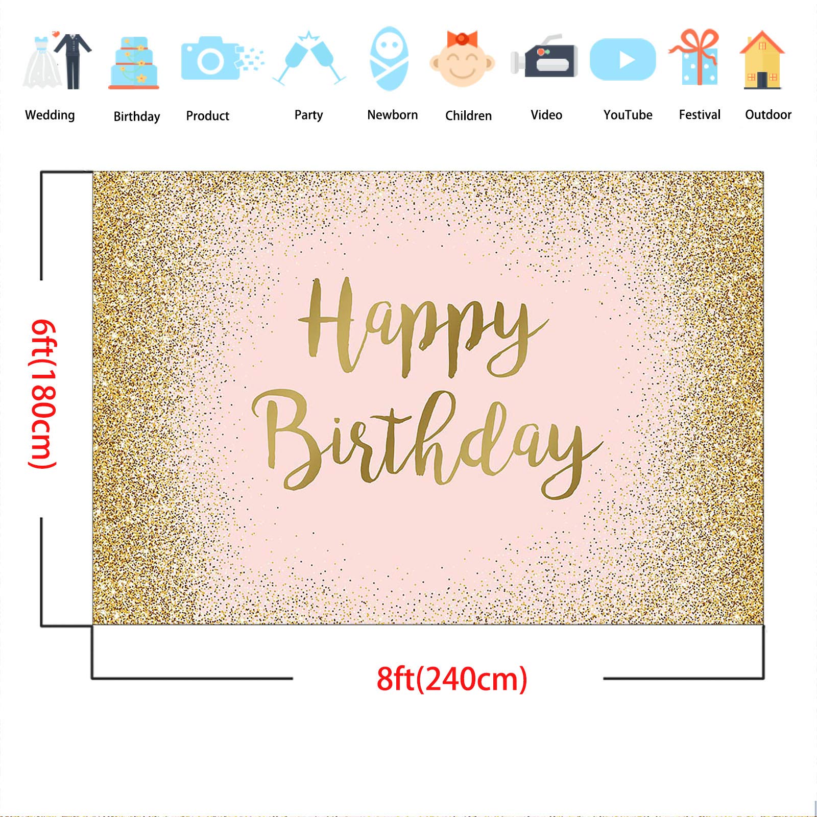 Avezano 2,4 x 1,8 m różowe złoto 'Happy Birthday' tło dla kobiet dziewcząt brokatowe dekoracje na przyjęcie urodzinowe baner fotografia tło budka fotograficzna rekwizyty