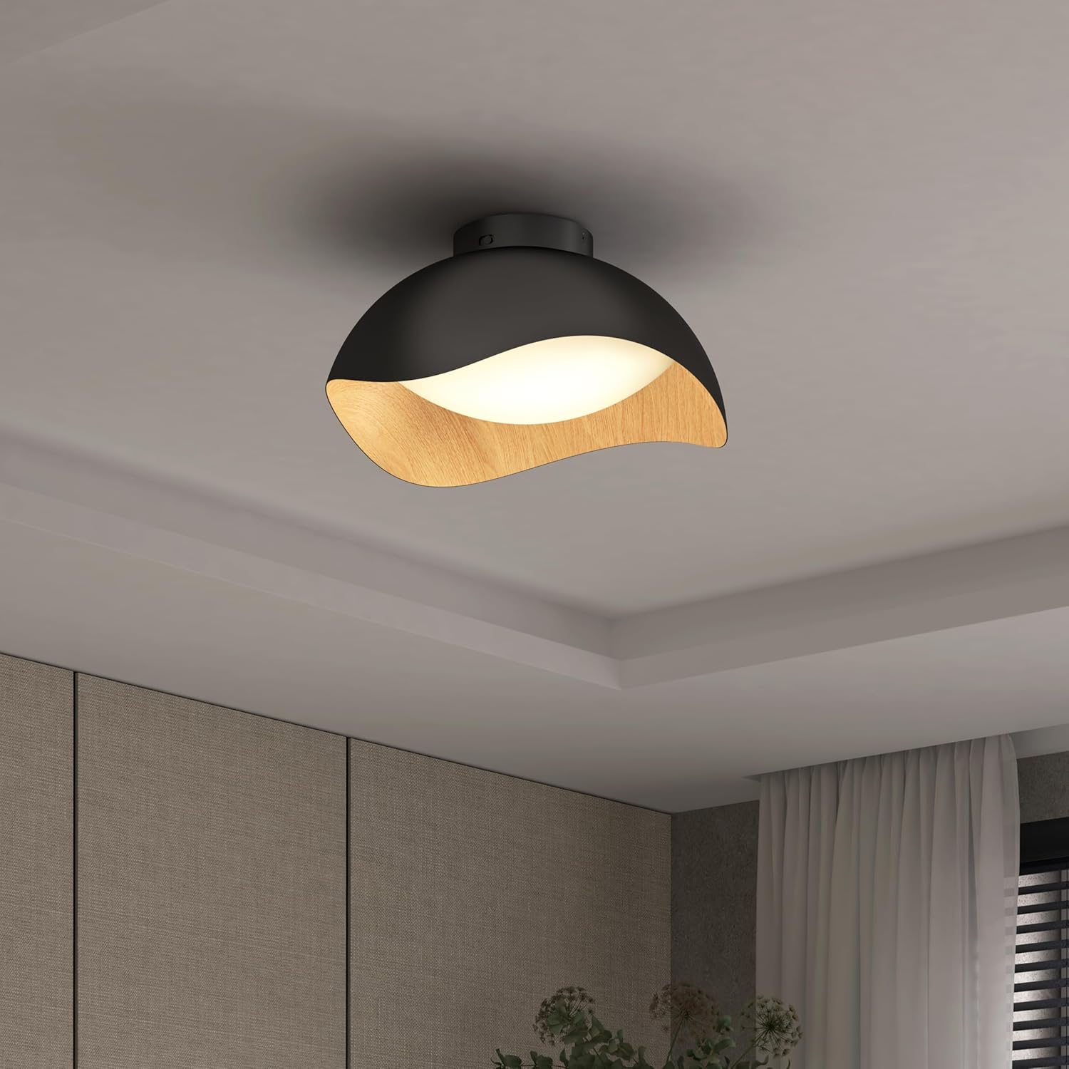 artika Adara Modern Flush Mount Ceiling Light Fixture, Black and Wood Finish