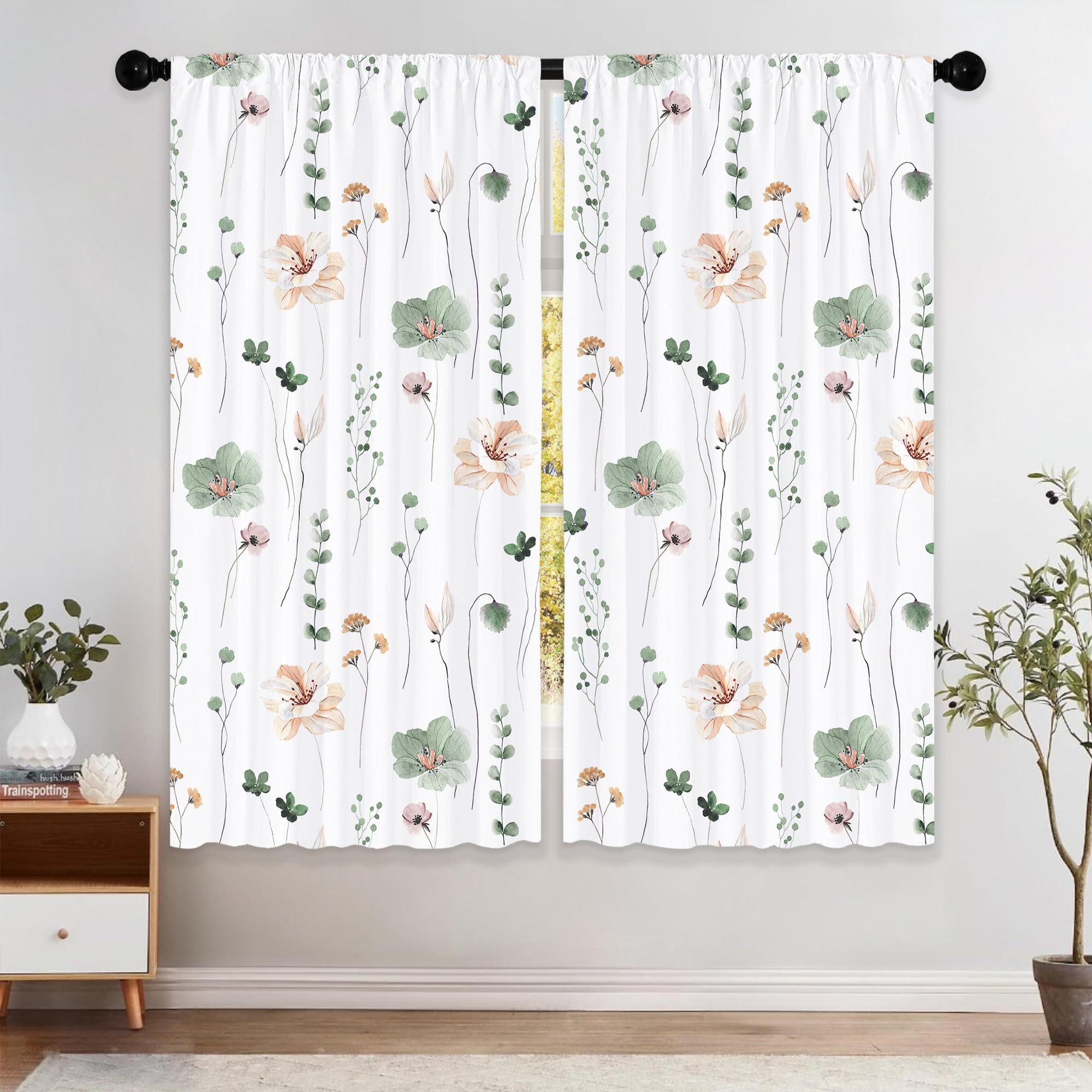 Laifzere Floral Curtains, Sage Geen Teal Flower Boho Wildflower Window Curtains 42x63 Inch for Bedroom Living Room Decor, Botanical Farmhouse Drapes Treatment Draperies Fabric Rod Pocket (2 Panels