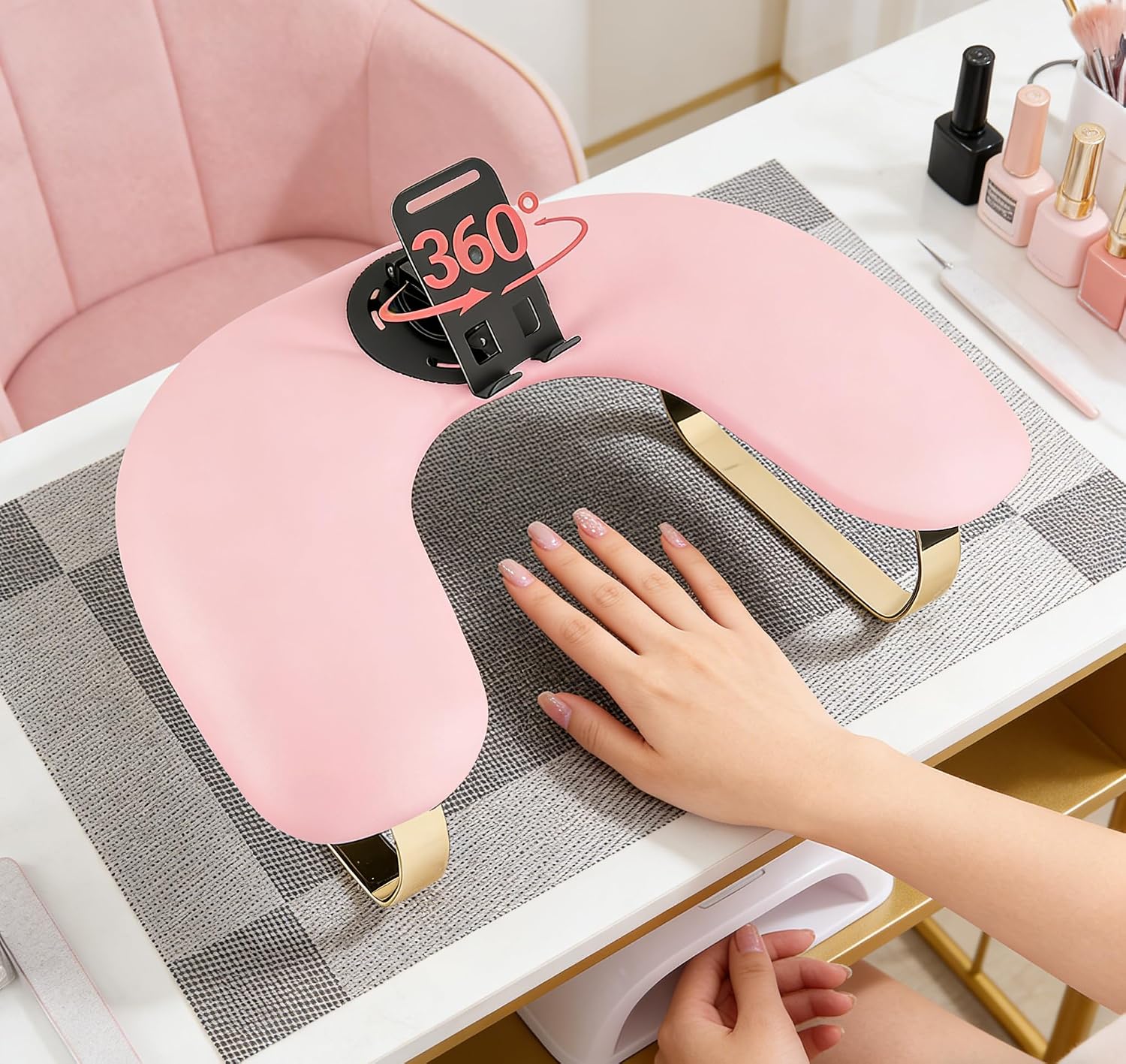 Manicure Nail Arm Rest Stand Accessory Professional with Phone Holder DIY Nail Hand for Salon Manicurist Home (black)