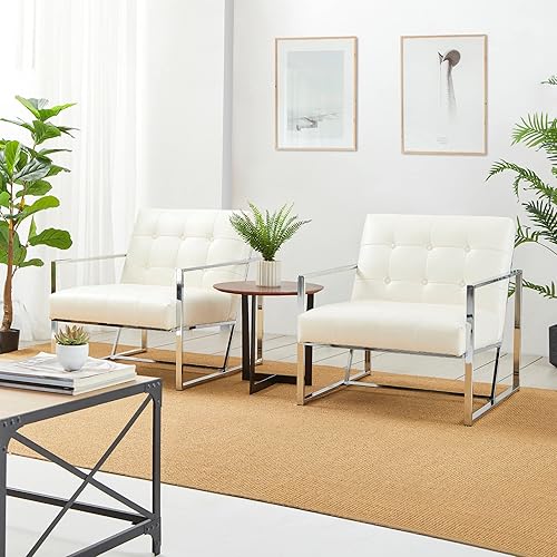 Miniatura 9 de glitzhome Silla decorativa moderna de mediados de siglo, sillas modernas para sala de estar con marco de metal duradero, acolchado de piel