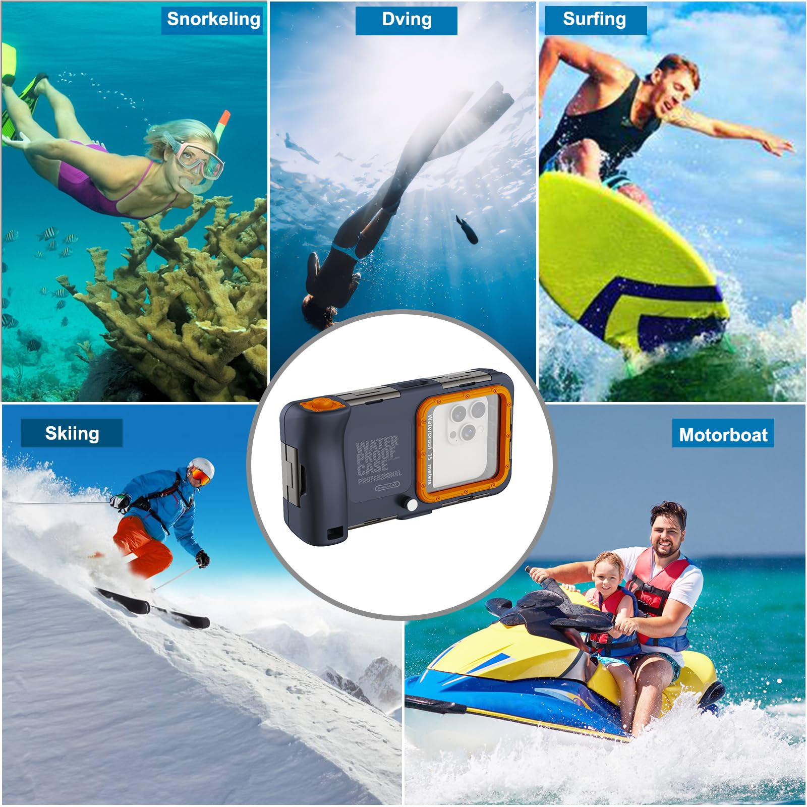 ShellBox Case Funda impermeable subacuática para iPhone 16/15/14/13/12/11/Pro Max/Pro/Plus/LG G8X Series (botón de volumen a la izquierda), [50 pies/15 m] fundas de buceo profesional, azul y naranja
