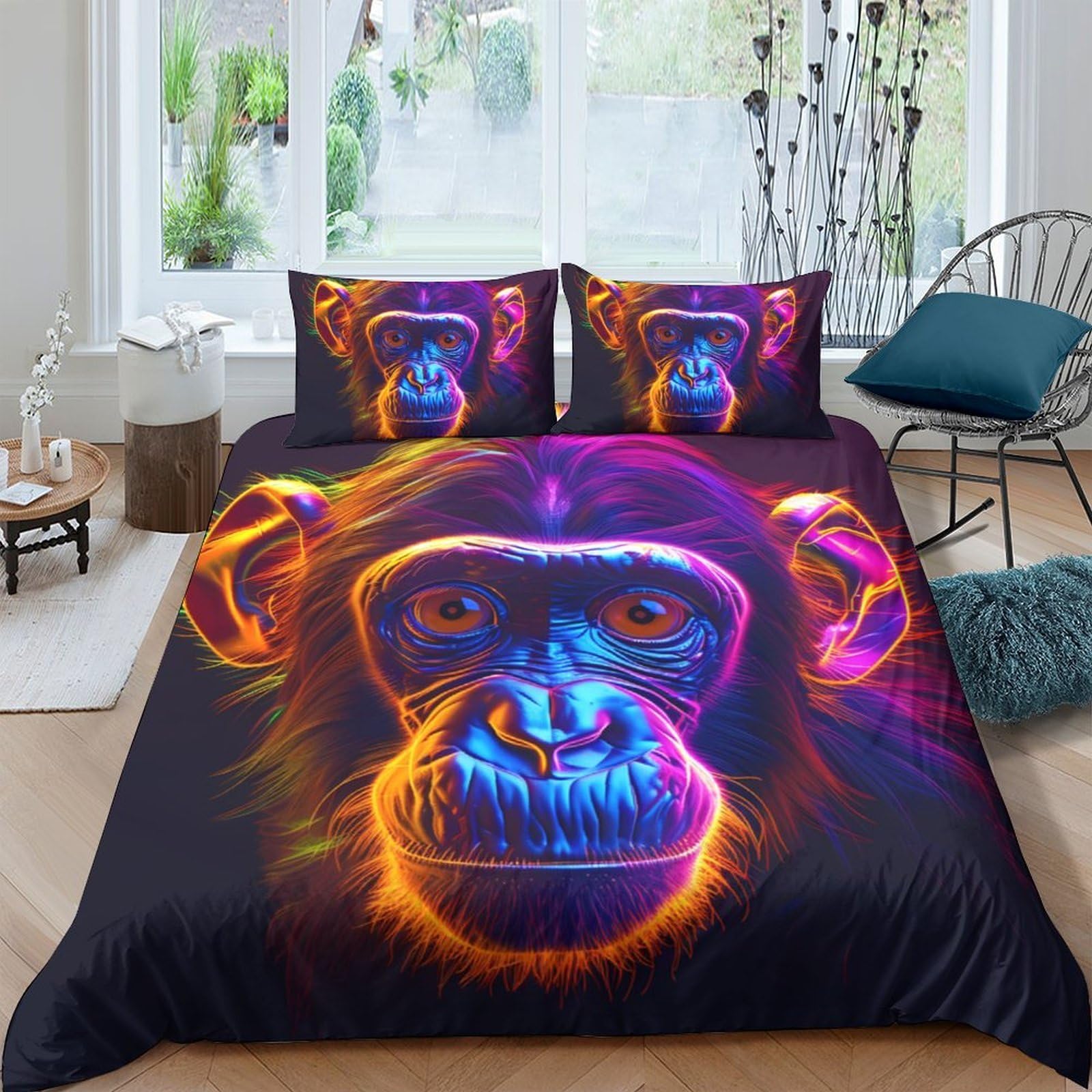 Ctjqhvkz Style-3 3D Printed Neon Chimpanzee Fitted Sheet Microfiber Soft Bed Cover For Bedroom Dorm Mattress Protection Decor Single（135X200cm）