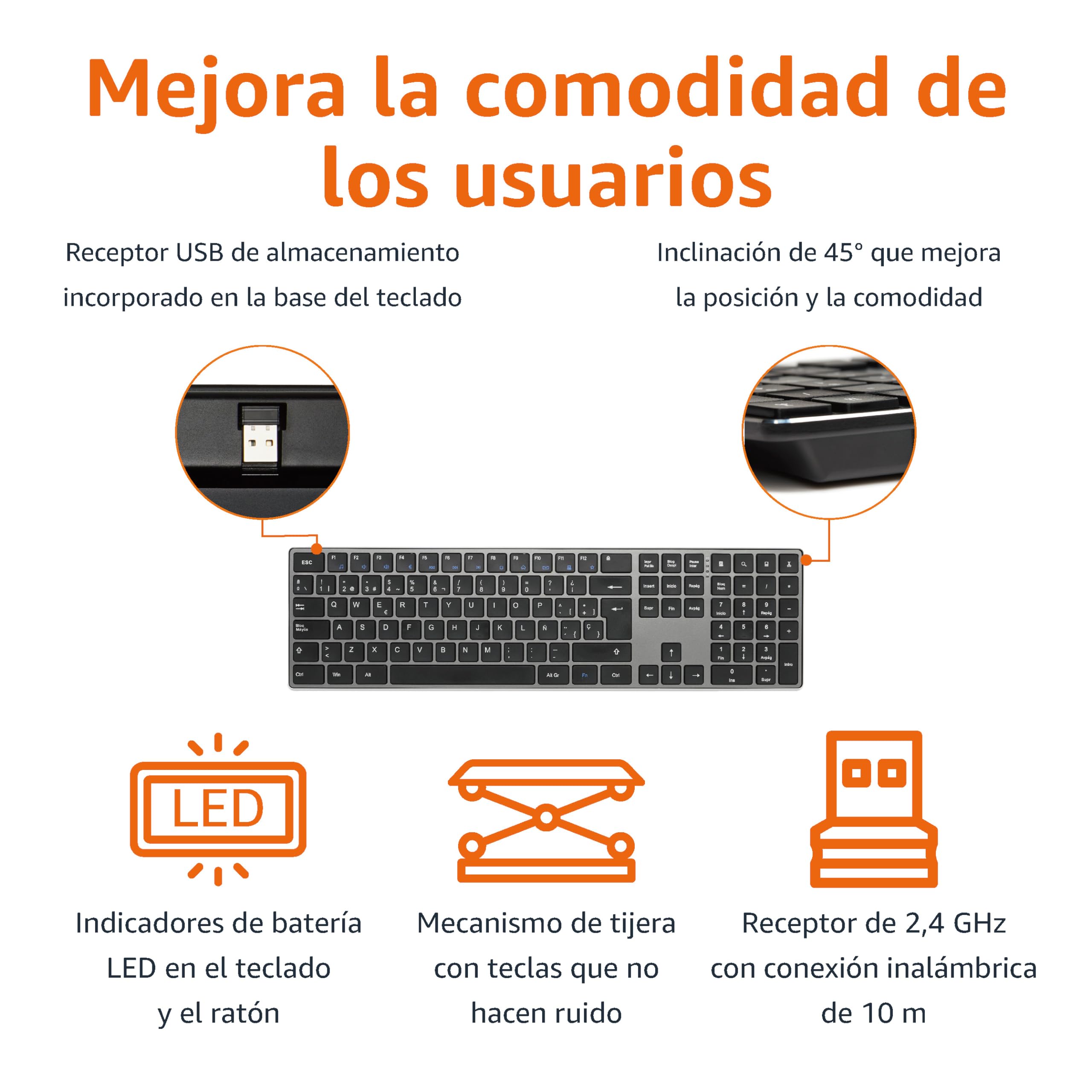 Amazon Basics Teclado ultrafino de tamaño completo y ratón inalámbrico, silencioso y recargable con teclado numérico, ES/MX Layout Gray, color negro