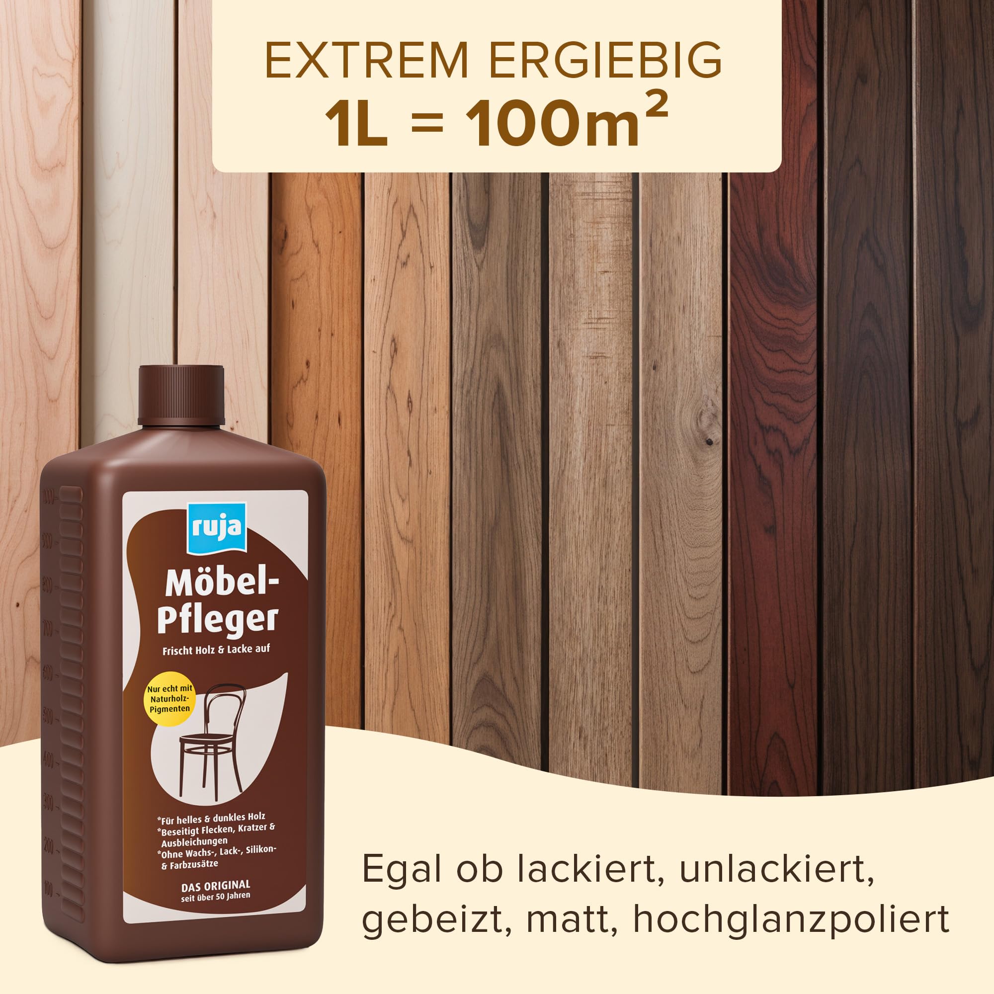 ruja Möbelpolitur - 100m² - beseitigt Kratzer, Wasserflecken & Vergilbung, 2-in-1 Holzreiniger & Holzpflege - Möbelöl farblos, für dunkel & helles Holz - Holzpflegeöl für Esstisch, Möbel & mehr