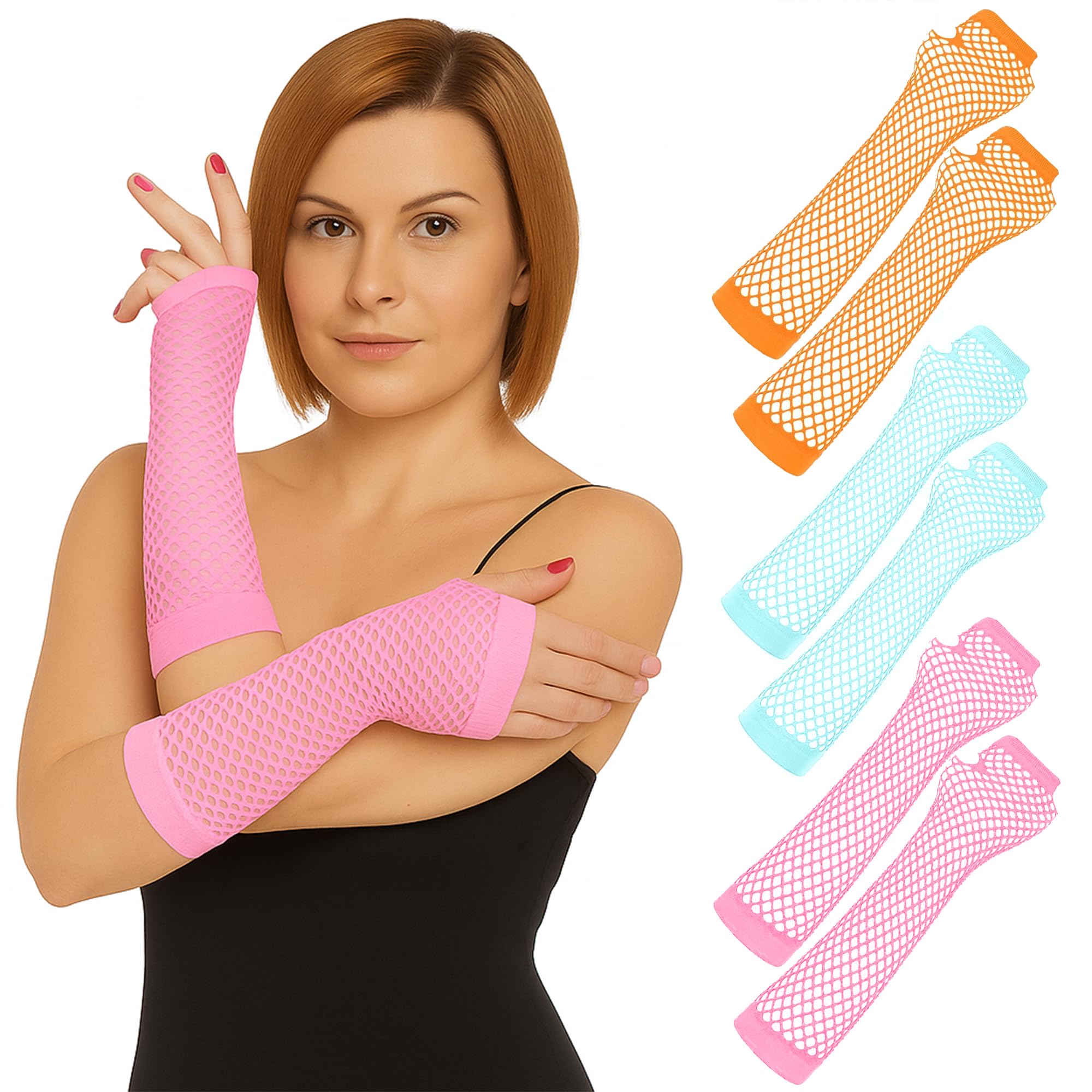 The Fancy Dress 3 Pairs Neon Lace Fingerless Fishnet Gloves - 80s Retro Theme Party Fish Net Mesh Arm Sleeves For Disco Dance Halloween Costume Accessories, L Blue, L Pink, Orange