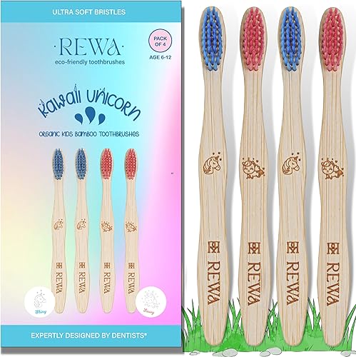 Rewa Kids Kawaii Unicorn L Cepillos de dientes de bambú para niños l Orgánico compostable Natural Ayurvédico l Pack - 4 l Cerdas suaves sin BPA Rosa