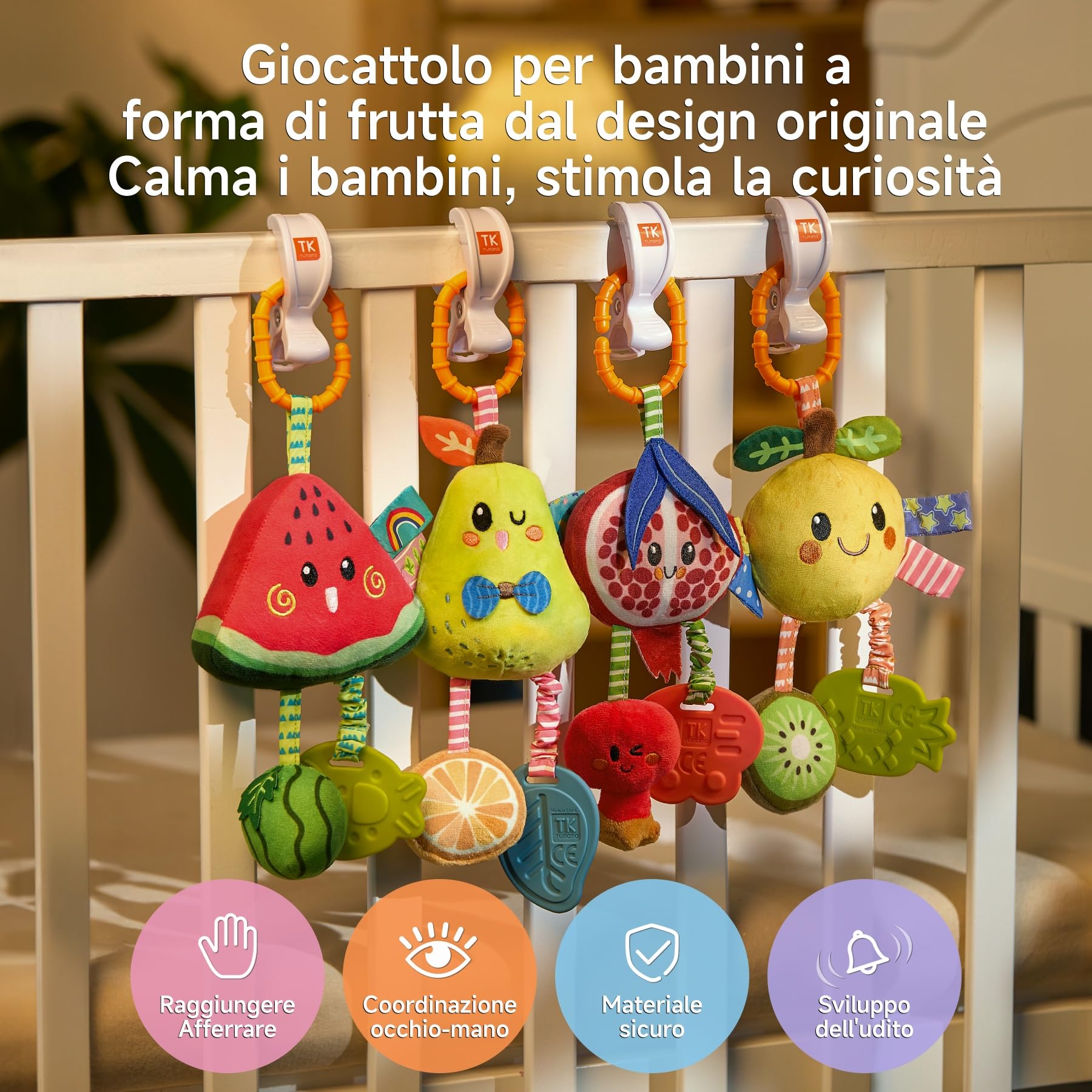 TUMAMA Giochi Sonaglio Per Neonato 0 3 4 6 9 12 Mesi, Gioco Montessori Sensoriali Per Neonati Passeggino Accessori Con Campana, Peluche Frutta Giocattoli Per Auto Culla Femmina Maschio Regalo (4pcs)